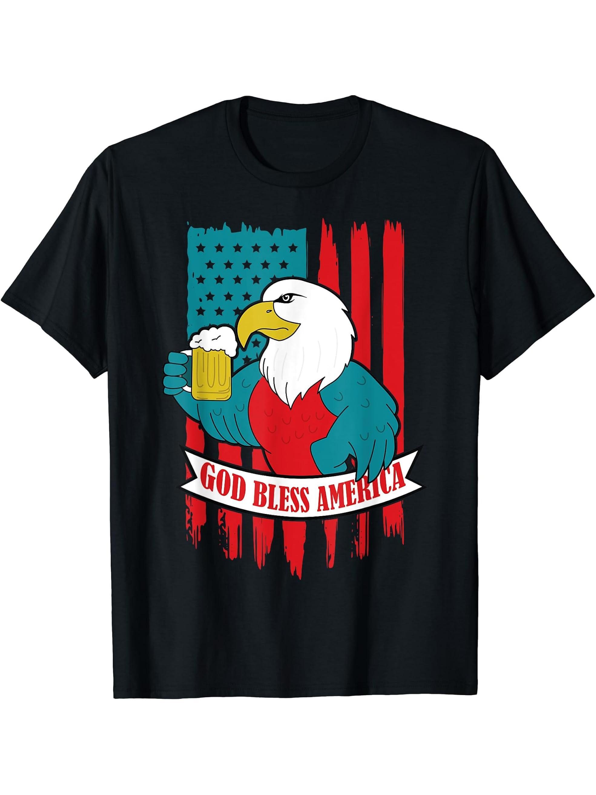 God Bless America Bald Eagle USA T-Shirt 180G 100% Cotton Printed Round Neck Short-Sleeve T-Shirt, Gifts for Men Dad Husband Grandpa, S-XXXL, Black