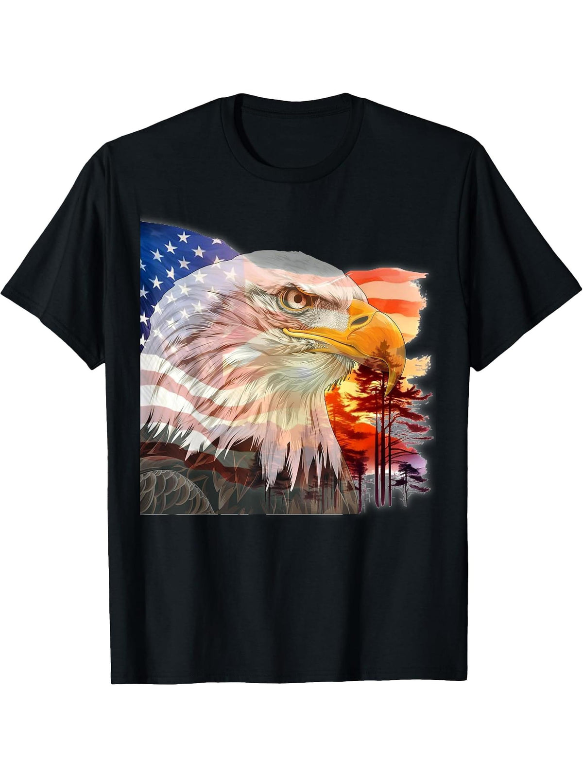 Bald Eagle with American flag and wilderness background T-Shirt 180G 100% Cotton Printed Round Neck Short-Sleeve T-Shirt, Gifts for Men Dad Husband Grandpa, S-XXXL, Black