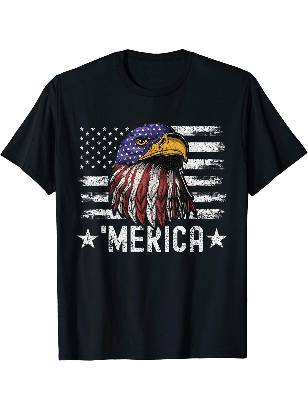 Funny Patriotic 4th of July Bald Eagle American Flag Merica T-Shirt 180G 100% Cotton Printed Round Neck Short-Sleeve T-Shirt, Gifts for Men Dad Husband Grandpa, S-XXXL, Black