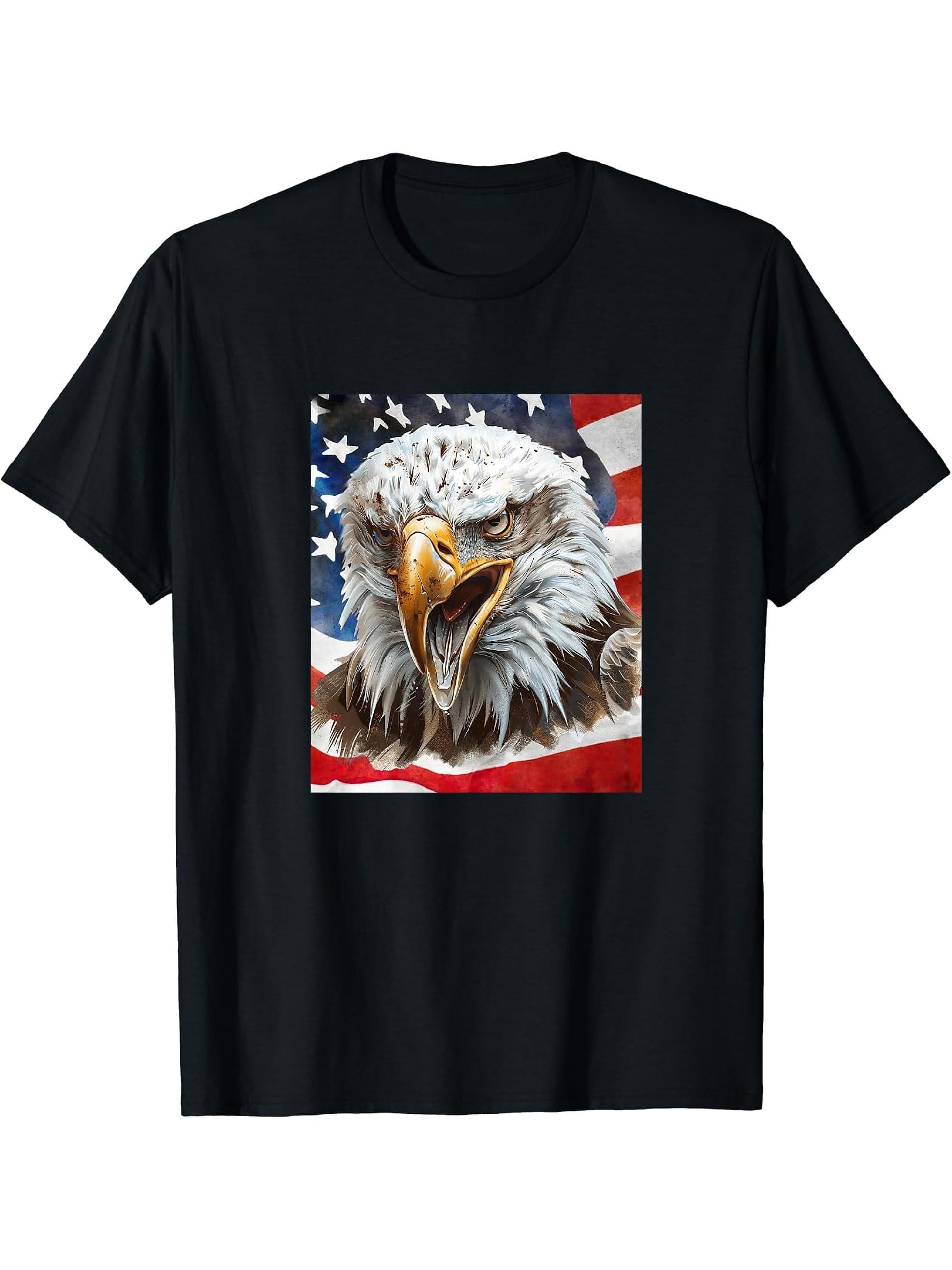 American Bald Eagle with Stars and Stripes T-Shirt 180G 100% Cotton Printed Round Neck Short-Sleeve T-Shirt, Gifts for Men Dad Husband Grandpa, S-XXXL, Black