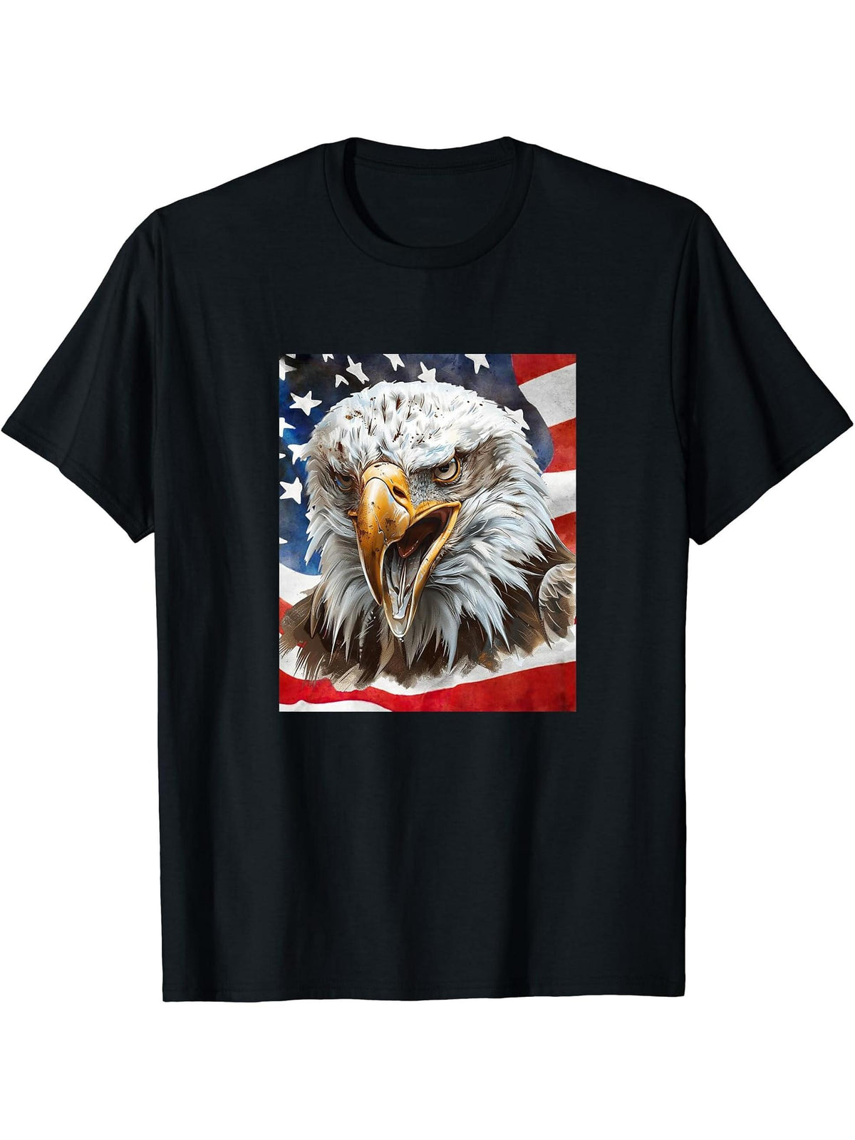 American Bald Eagle with Stars and Stripes T-Shirt 180G 100% Cotton Printed Round Neck Short-Sleeve T-Shirt, Gifts for Men Dad Husband Grandpa, S-XXXL, Black