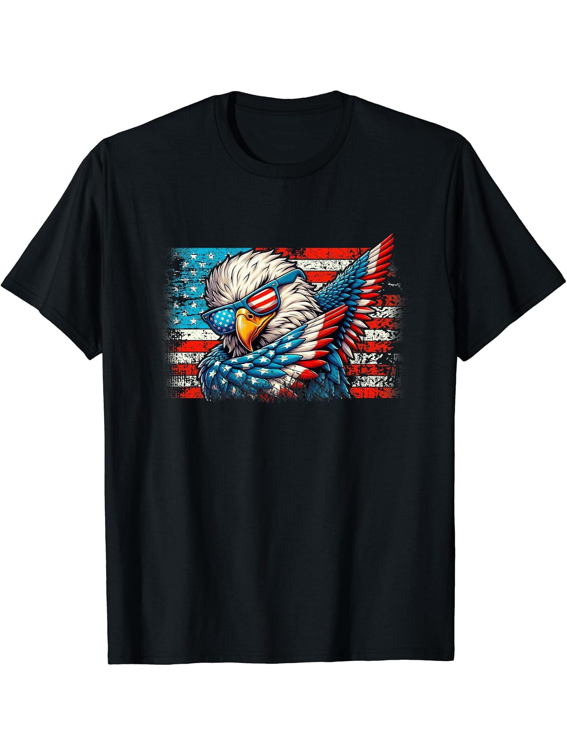 American Flag 4th of July Boys Patriotic Bald Eagle Dabbing T-Shirt 180G 100% Cotton Printed Round Neck Short-Sleeve T-Shirt, Gifts for Men Dad Husband Grandpa, S-XXXL, Black