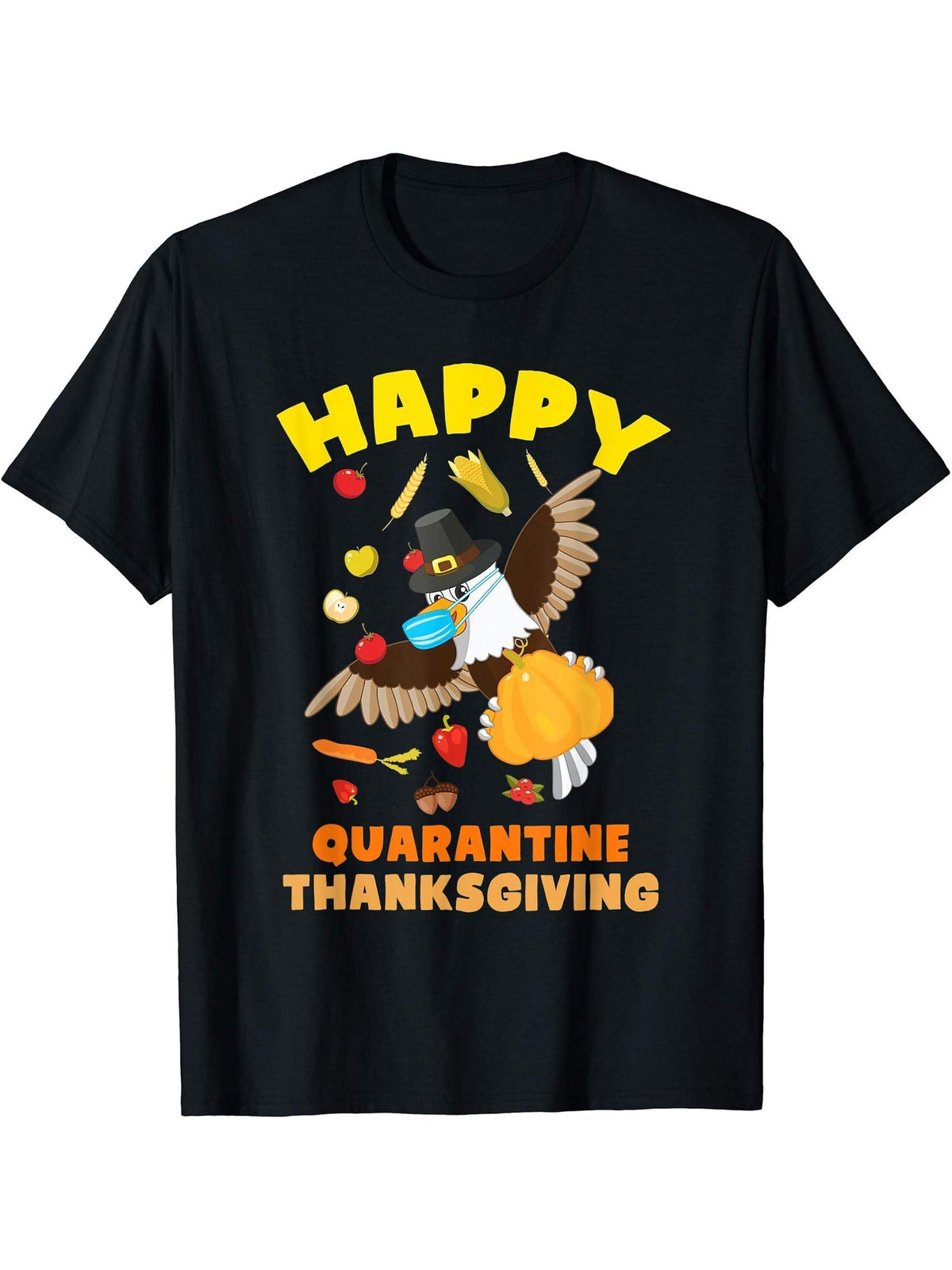 Funny Thanksgiving 2020 Bald Eagle Face Mask Quarantine T-Shirt 180G 100% Cotton Printed Round Neck Short-Sleeve T-Shirt, Gifts for Men Dad Husband Grandpa, S-XXXL, Black