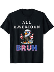 All American Bruh 4th Of July, Patriotic Bald Eagle Bruh T-Shirt 180G 100% Cotton Printed Round Neck Short-Sleeve T-Shirt, Gifts for Men Dad Husband Grandpa, S-XXXL, Black