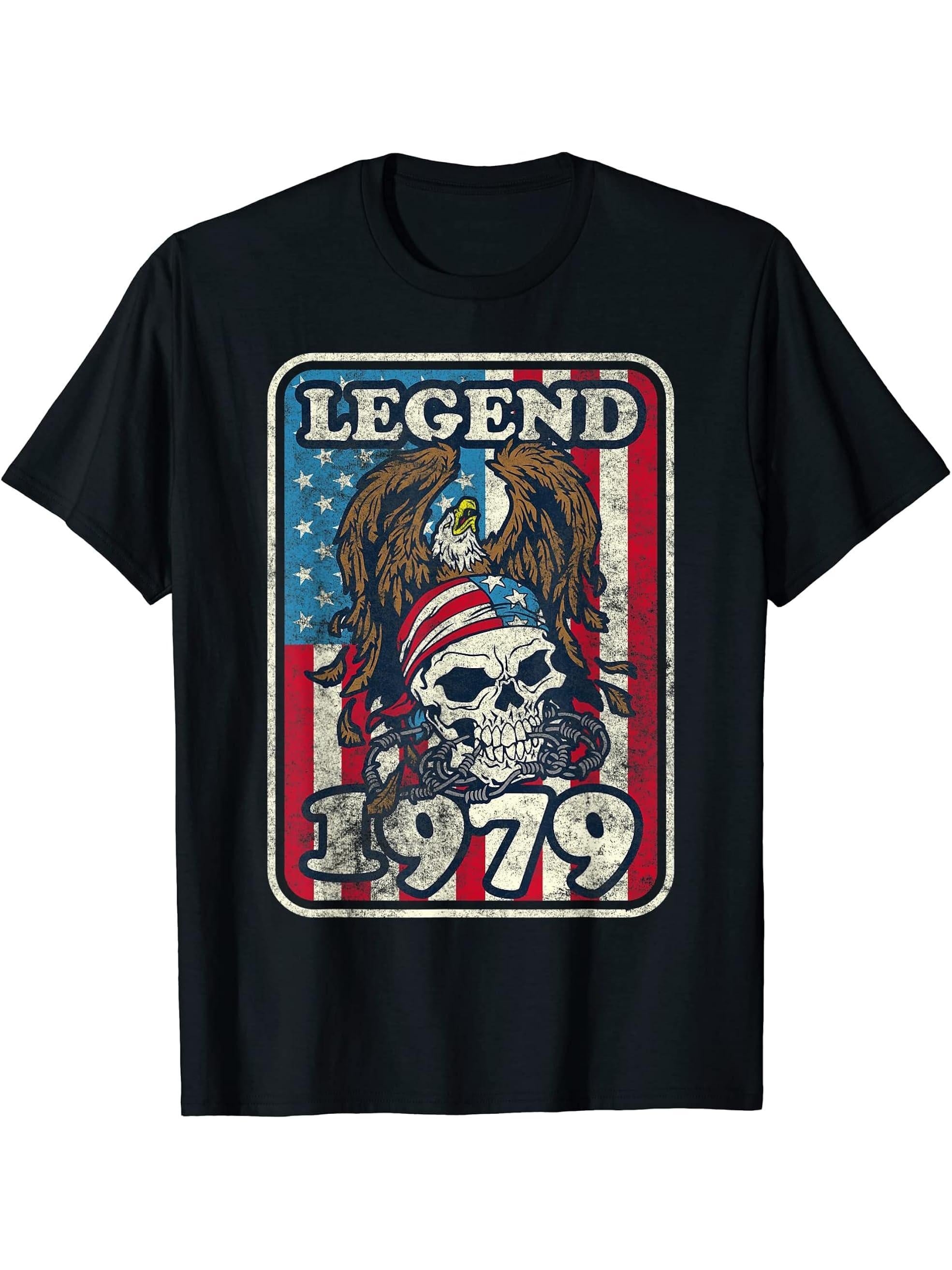 Birthday Legend 1979 Bald Eagle Skull American Flag USA T-Shirt 180G 100% Cotton Printed Round Neck Short-Sleeve T-Shirt, Gifts for Men Dad Husband Grandpa, S-XXXL, Black