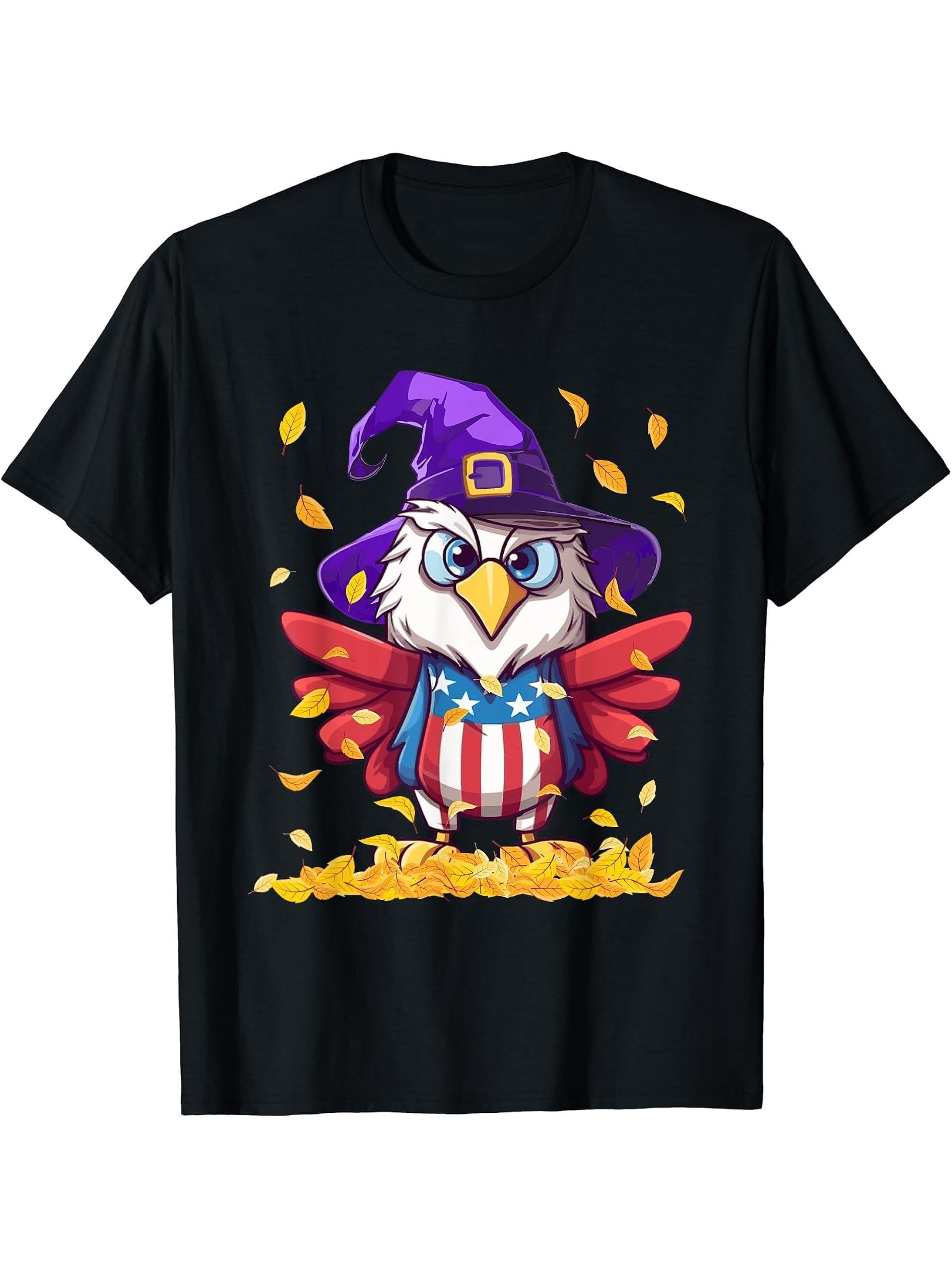 Funny American Bald Eagle Halloween Patriotic Witch T-Shirt 180G 100% Cotton Printed Round Neck Short-Sleeve T-Shirt, Gifts for Men Dad Husband Grandpa, S-XXXL, Black