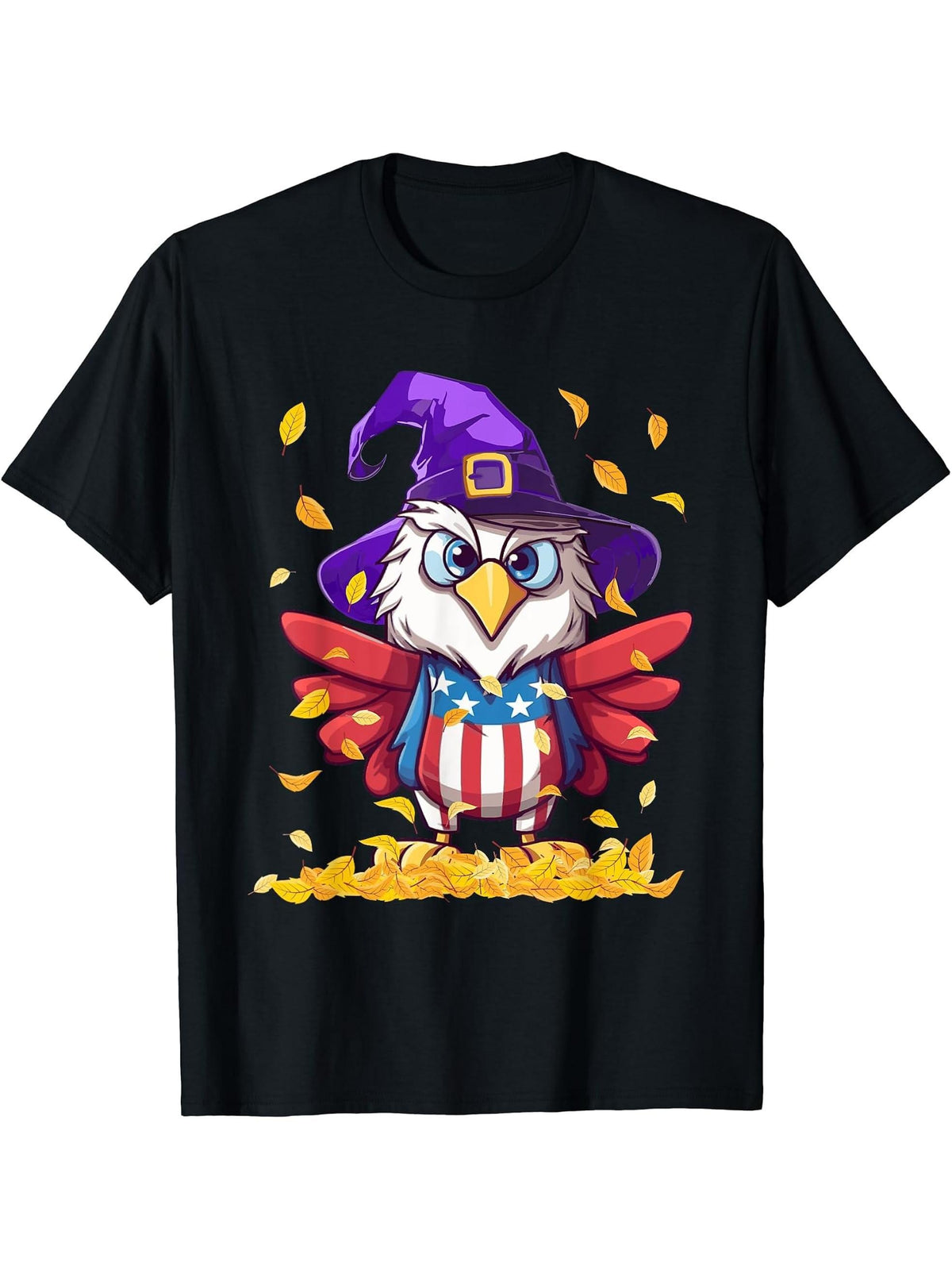 Funny American Bald Eagle Halloween Patriotic Witch T-Shirt 180G 100% Cotton Printed Round Neck Short-Sleeve T-Shirt, Gifts for Men Dad Husband Grandpa, S-XXXL, Black