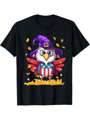 Funny American Bald Eagle Halloween Patriotic Witch T-Shirt 180G 100% Cotton Printed Round Neck Short-Sleeve T-Shirt, Gifts for Men Dad Husband Grandpa, S-XXXL, Black