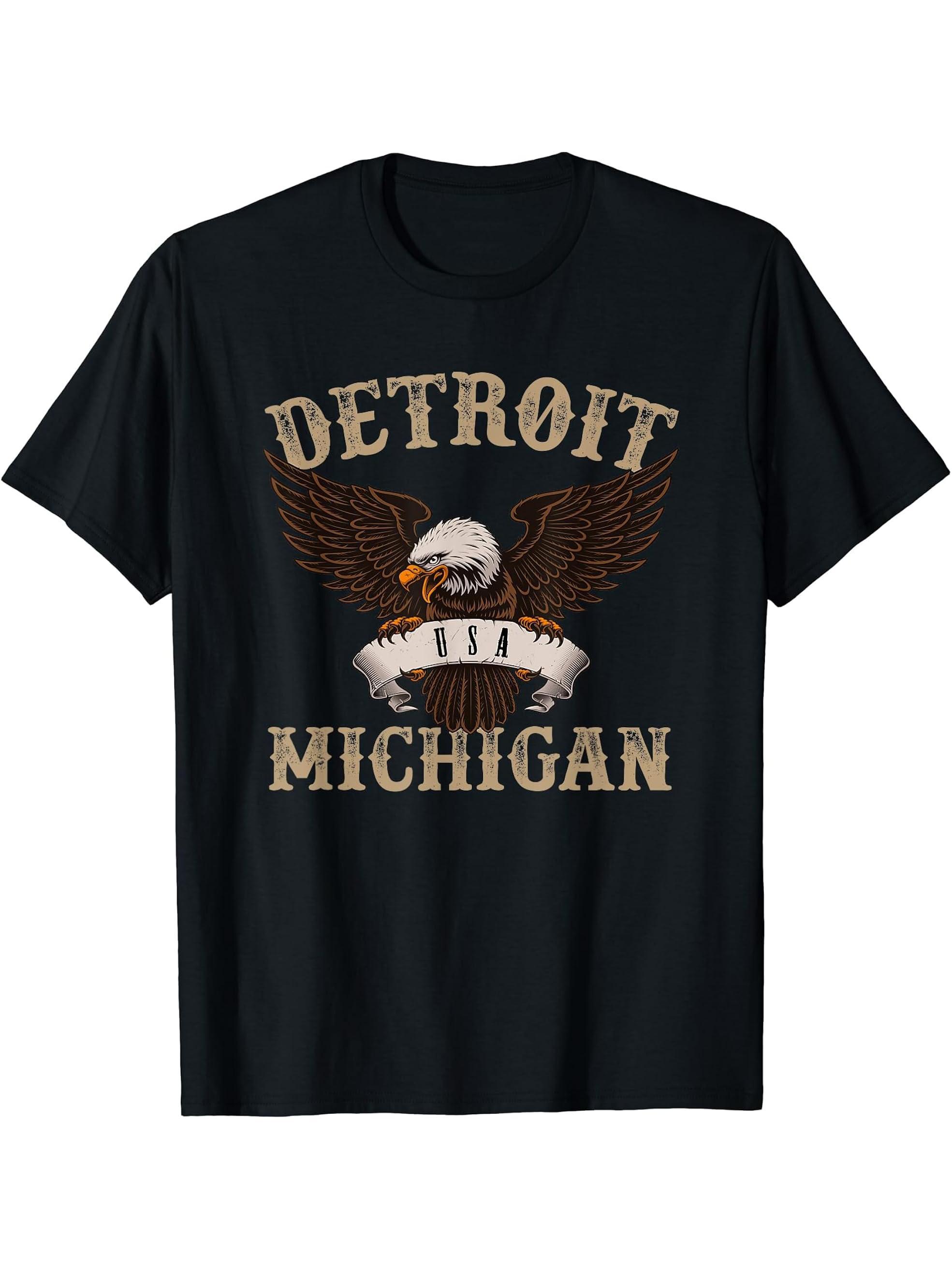 Detroit Michigan USA Bald Eagle T-Shirt 180G 100% Cotton Printed Round Neck Short-Sleeve T-Shirt, Gifts for Men Dad Husband Grandpa, S-XXXL, Black