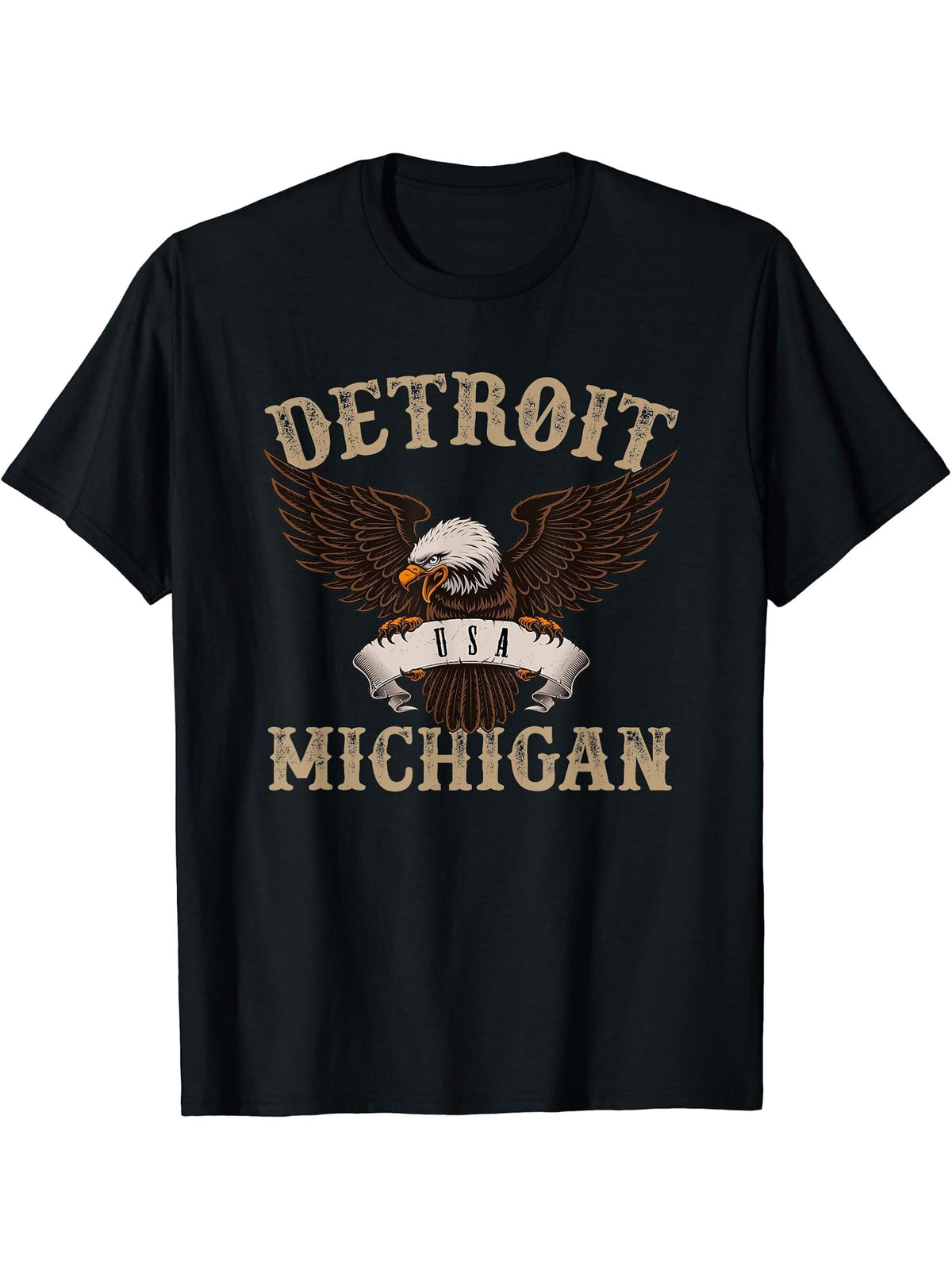 Detroit Michigan USA Bald Eagle T-Shirt 180G 100% Cotton Printed Round Neck Short-Sleeve T-Shirt, Gifts for Men Dad Husband Grandpa, S-XXXL, Black