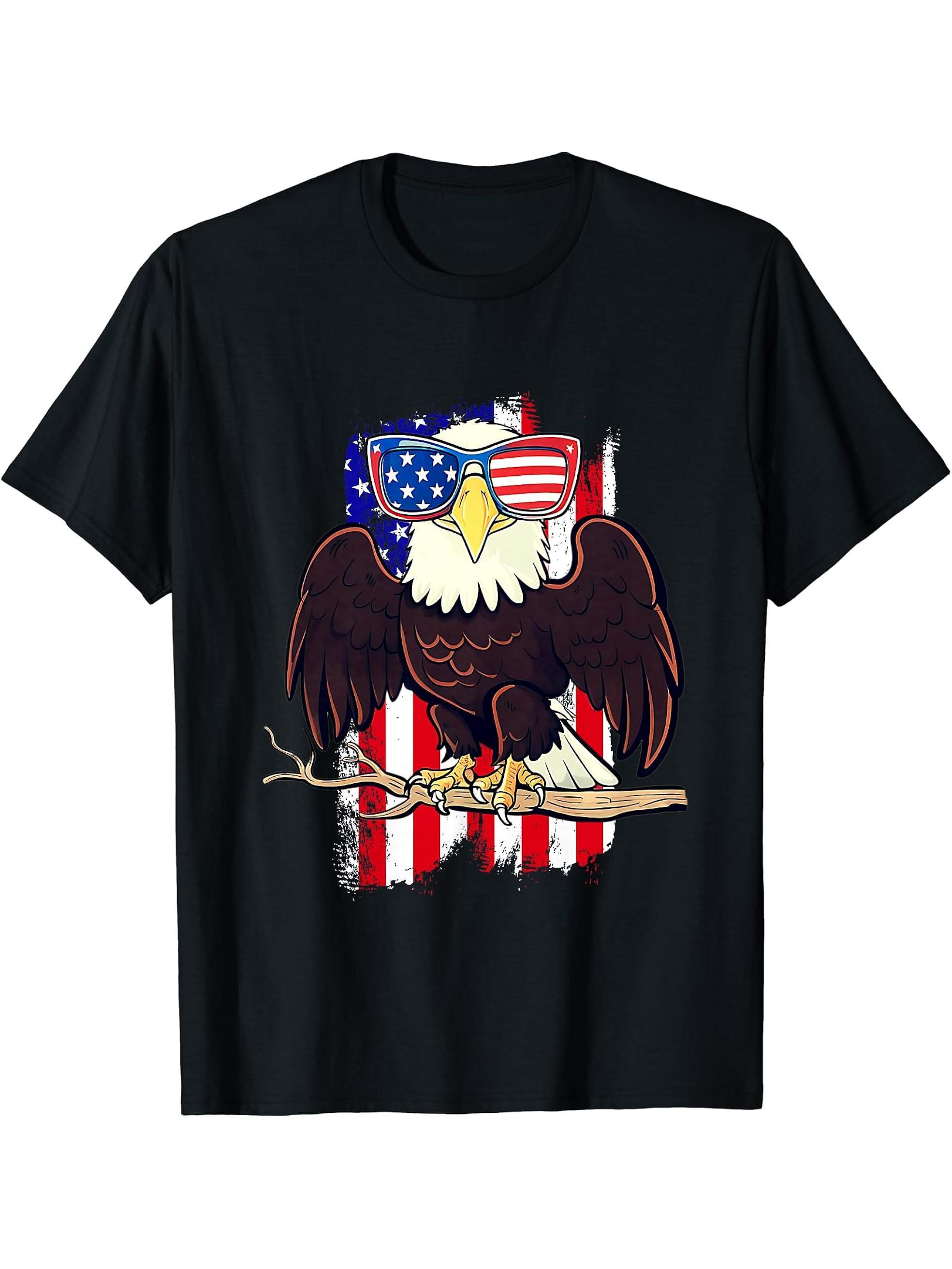 Funny Bald Eagle Sunglasses American Flag 4th Of July Women T-Shirt 180G 100% Cotton Printed Round Neck Short-Sleeve T-Shirt, Gifts for Men Dad Husband Grandpa, S-XXXL, Black