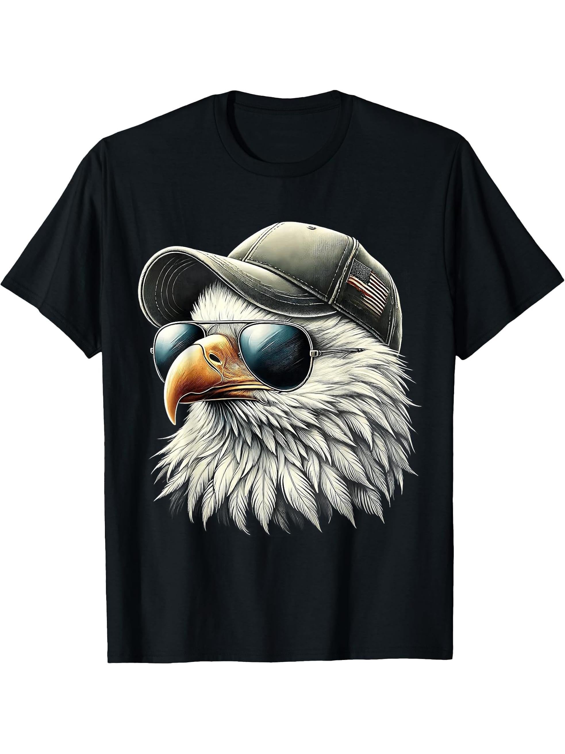 Cool Face Eagle with Sunglasses USA Bald Eagle Flying Bird T-Shirt 180G 100% Cotton Printed Round Neck Short-Sleeve T-Shirt, Gifts for Men Dad Husband Grandpa, S-XXXL, Black