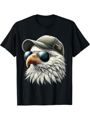 Cool Face Eagle with Sunglasses USA Bald Eagle Flying Bird T-Shirt 180G 100% Cotton Printed Round Neck Short-Sleeve T-Shirt, Gifts for Men Dad Husband Grandpa, S-XXXL, Black