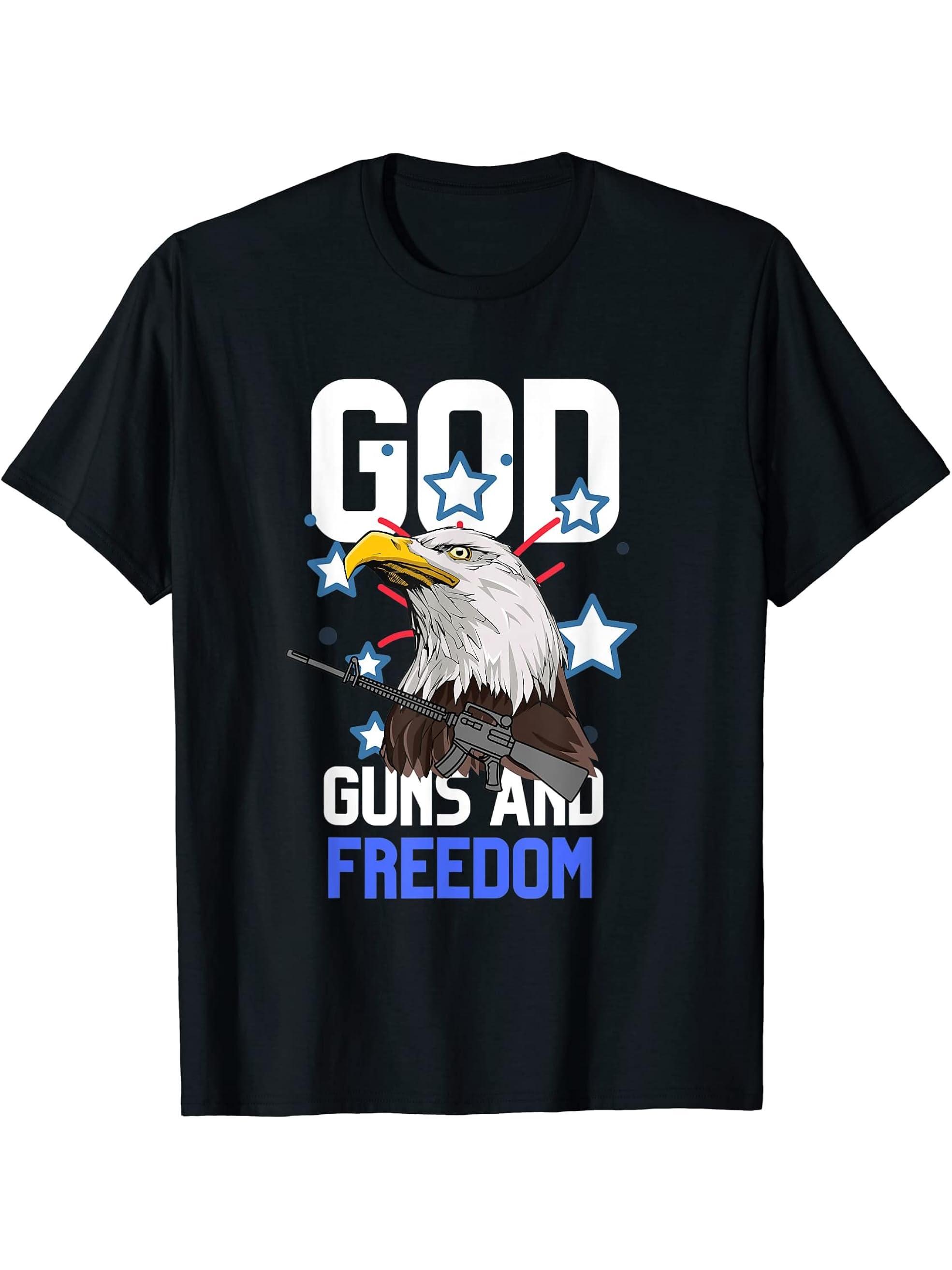 God Guns And Freedom 2nd Amendment American Bald Eagle Gift T-Shirt 180G 100% Cotton Printed Round Neck Short-Sleeve T-Shirt, Gifts for Men Dad Husband Grandpa, S-XXXL, Black