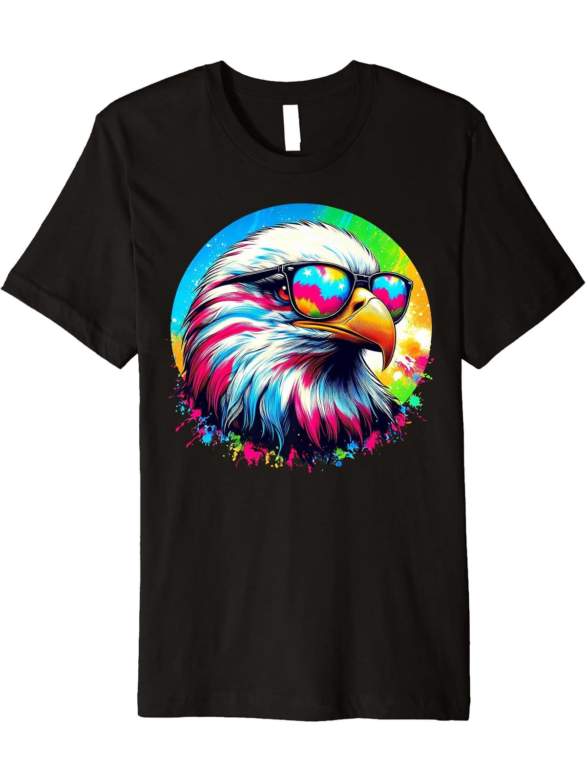 Cool Tie Dye Bald Eagle Sunglasses Bird Illustration Art Premium T-Shirt 180G 100% Cotton Printed Round Neck Short-Sleeve T-Shirt, Gifts for Men Dad Husband Grandpa, S-XXXL, Black