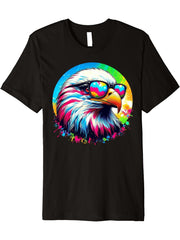 Cool Tie Dye Bald Eagle Sunglasses Bird Illustration Art Premium T-Shirt 180G 100% Cotton Printed Round Neck Short-Sleeve T-Shirt, Gifts for Men Dad Husband Grandpa, S-XXXL, Black