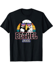 Bethel Alaska Bald Eagle USA America 4th of July Veterans T-Shirt 180G 100% Cotton Printed Round Neck Short-Sleeve T-Shirt, Gifts for Men Dad Husband Grandpa, S-XXXL, Black