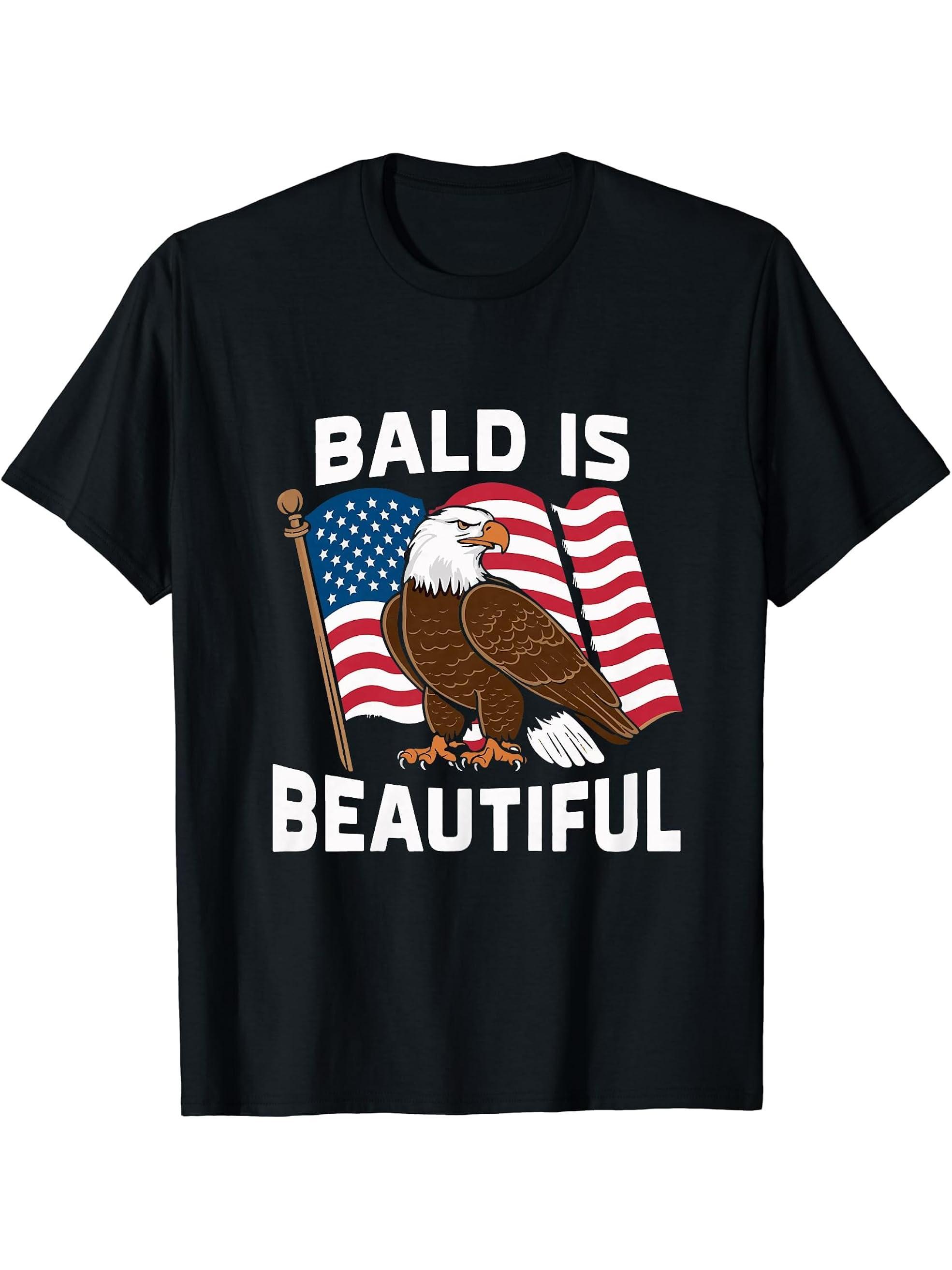 Bald Is Beautiful 4th Of July Bald Eagle T-Shirt 180G 100% Cotton Printed Round Neck Short-Sleeve T-Shirt, Gifts for Men Dad Husband Grandpa, S-XXXL, Black
