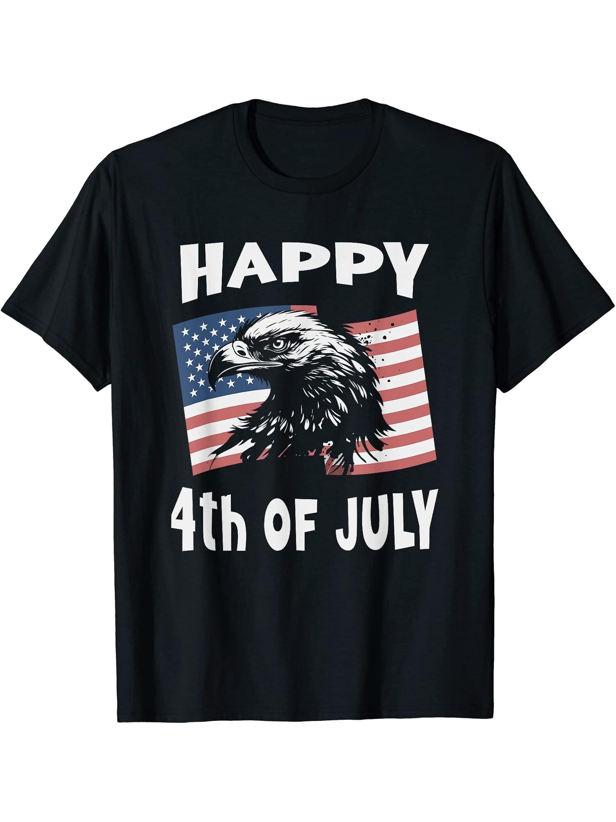 Happy 4th of July Bald Eagle American Flag Vintage Graphic T-Shirt 180G 100% Cotton Printed Round Neck Short-Sleeve T-Shirt, Gifts for Men Dad Husband Grandpa, S-XXXL, Black