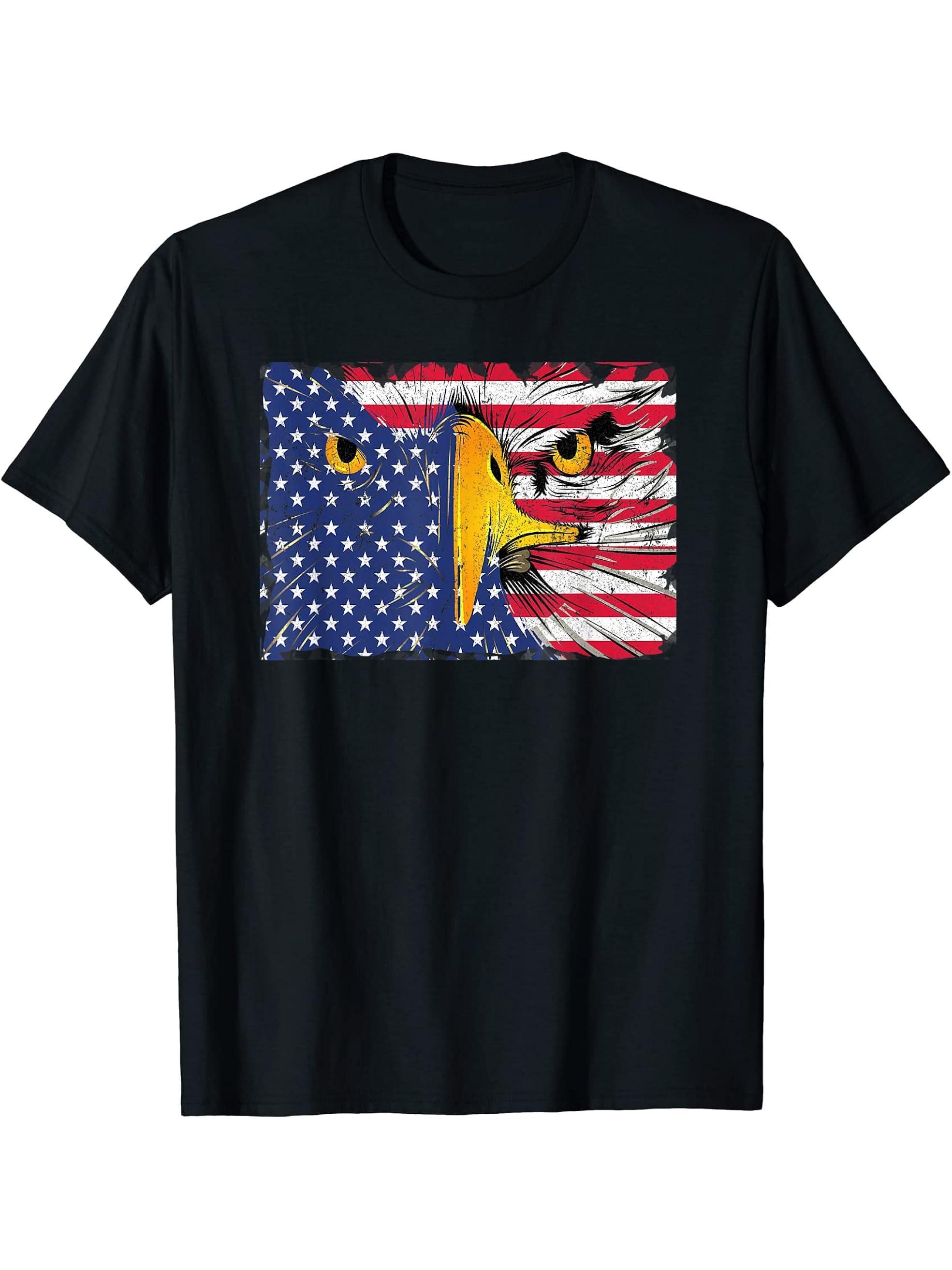 Bald Eagle American Flag USA 4th Of July T-Shirt 180G 100% Cotton Printed Round Neck Short-Sleeve T-Shirt, Gifts for Men Dad Husband Grandpa, S-XXXL, Black