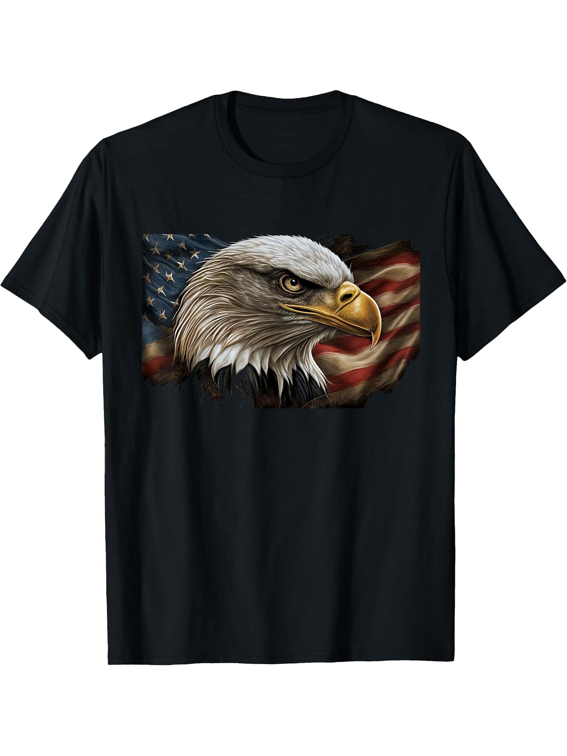 American Flag with Bald Eagle Patriotic 4th of July T-Shirt 180G 100% Cotton Printed Round Neck Short-Sleeve T-Shirt, Gifts for Men Dad Husband Grandpa, S-XXXL, Black
