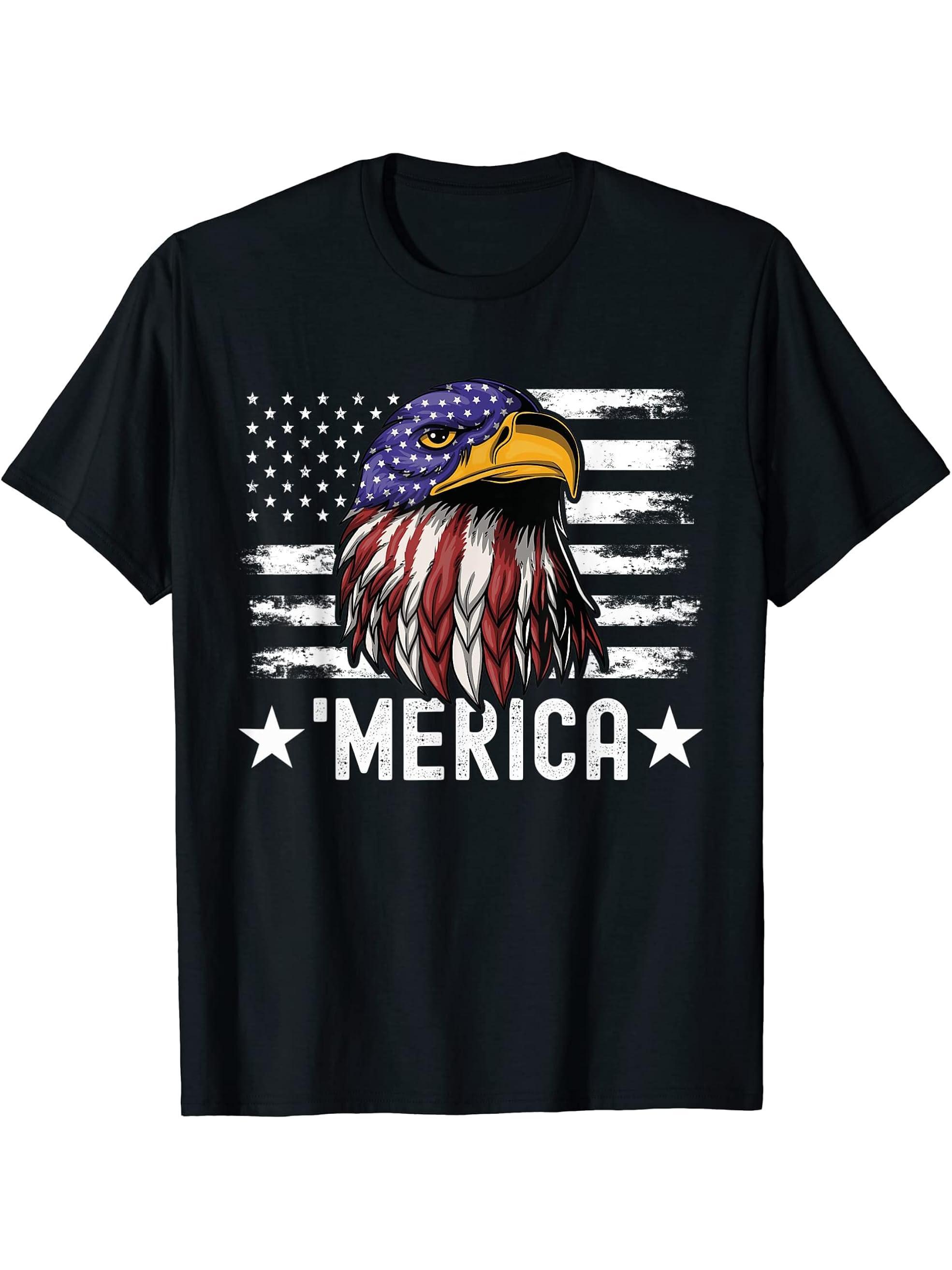 Funny Patriotic 4th of July Bald Eagle American Flag Merica T-Shirt 180G 100% Cotton Printed Round Neck Short-Sleeve T-Shirt, Gifts for Men Dad Husband Grandpa, S-XXXL, Black