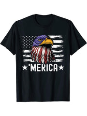 Funny Patriotic 4th of July Bald Eagle American Flag Merica T-Shirt 180G 100% Cotton Printed Round Neck Short-Sleeve T-Shirt, Gifts for Men Dad Husband Grandpa, S-XXXL, Black
