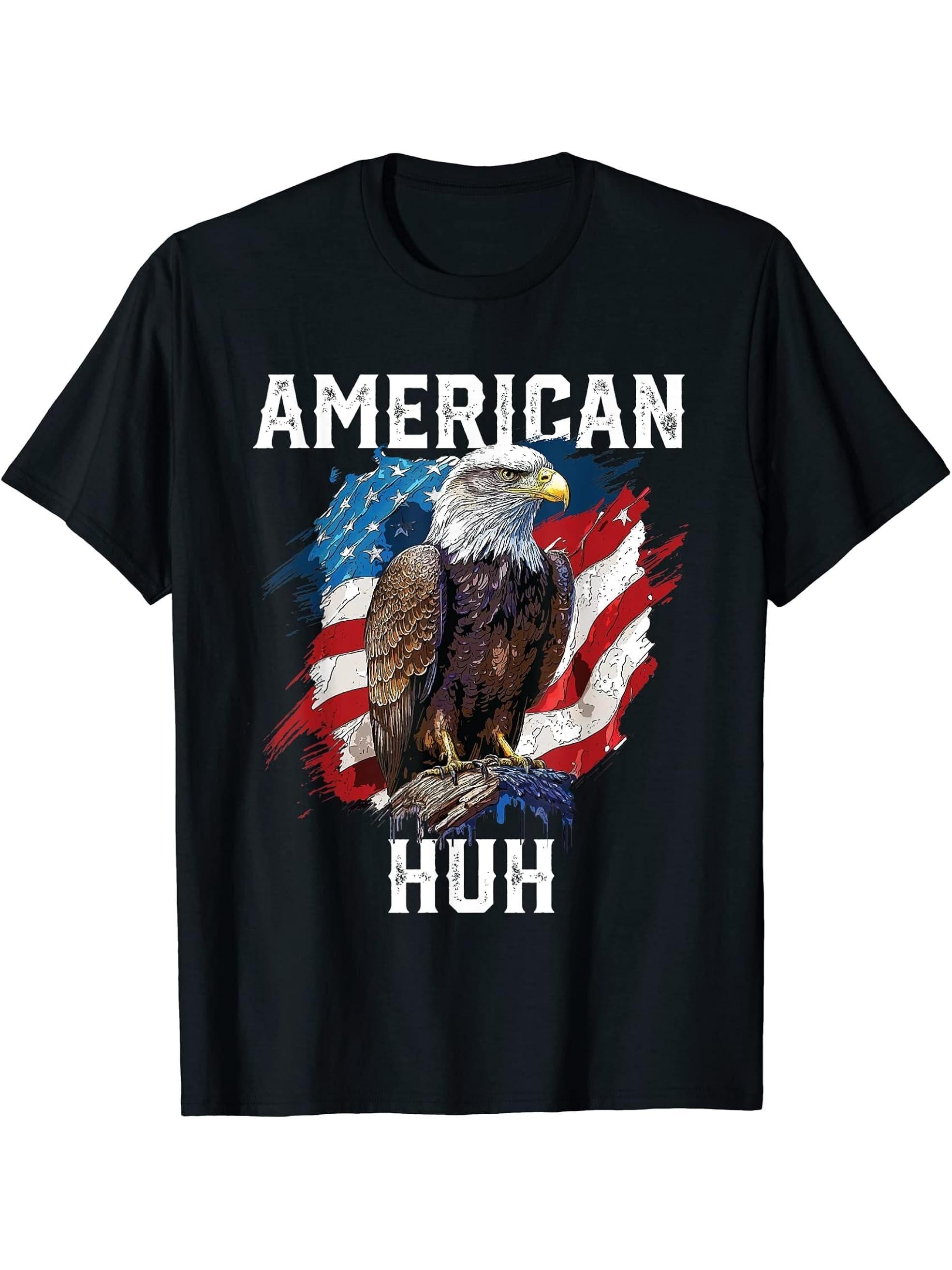 American Huh USA Flag Patriotic American Bald Eagle T-Shirt 180G 100% Cotton Printed Round Neck Short-Sleeve T-Shirt, Gifts for Men Dad Husband Grandpa, S-XXXL, Black