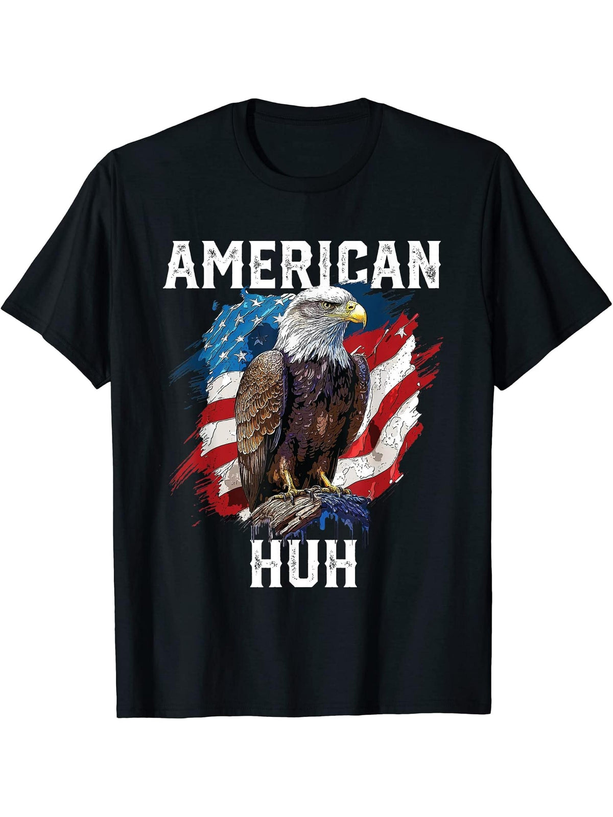 American Huh USA Flag Patriotic American Bald Eagle T-Shirt 180G 100% Cotton Printed Round Neck Short-Sleeve T-Shirt, Gifts for Men Dad Husband Grandpa, S-XXXL, Black