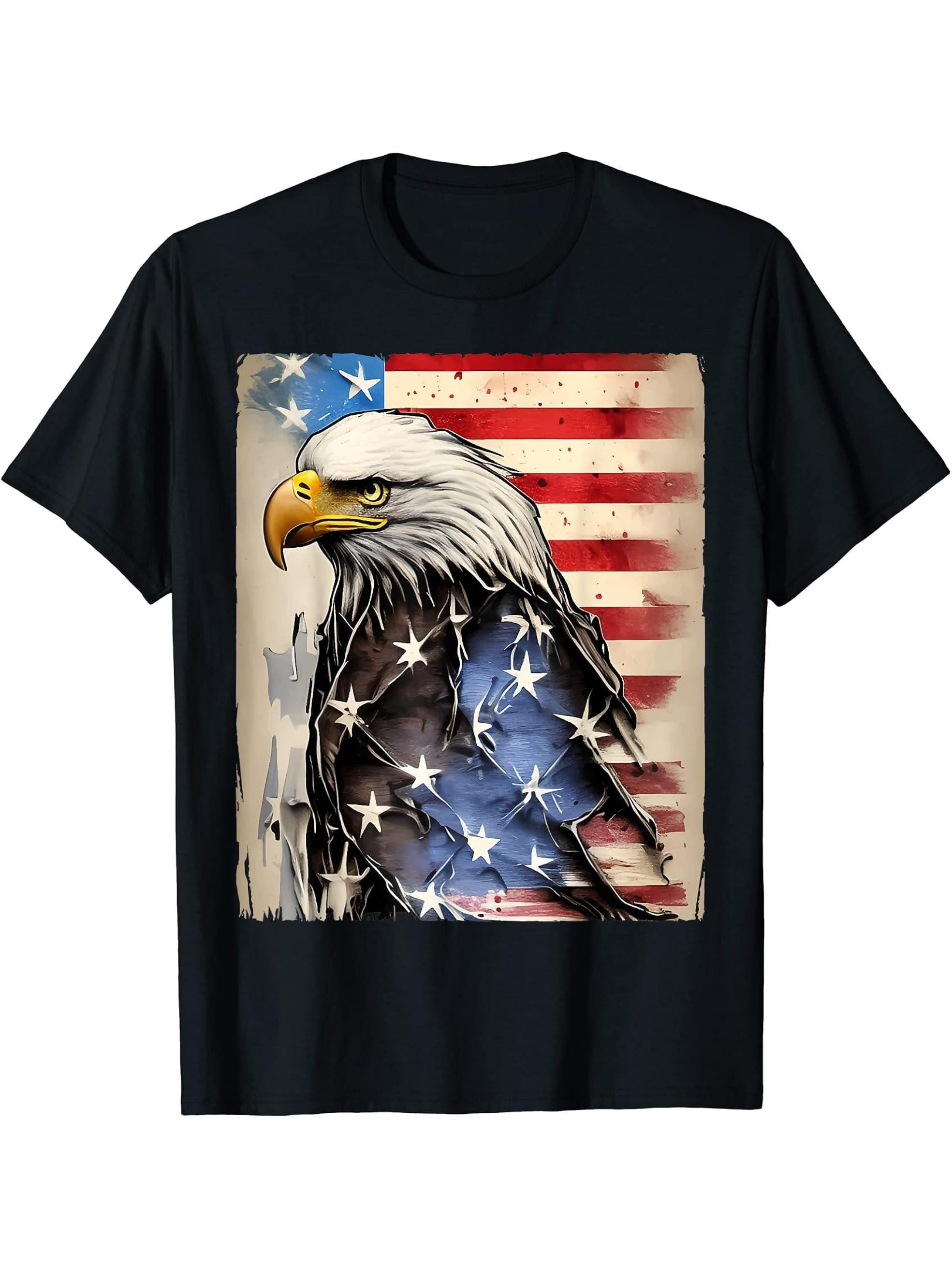 American Flag And Bald Eagle 4th of July USA T-Shirt 180G 100% Cotton Printed Round Neck Short-Sleeve T-Shirt, Gifts for Men Dad Husband Grandpa, S-XXXL, Black
