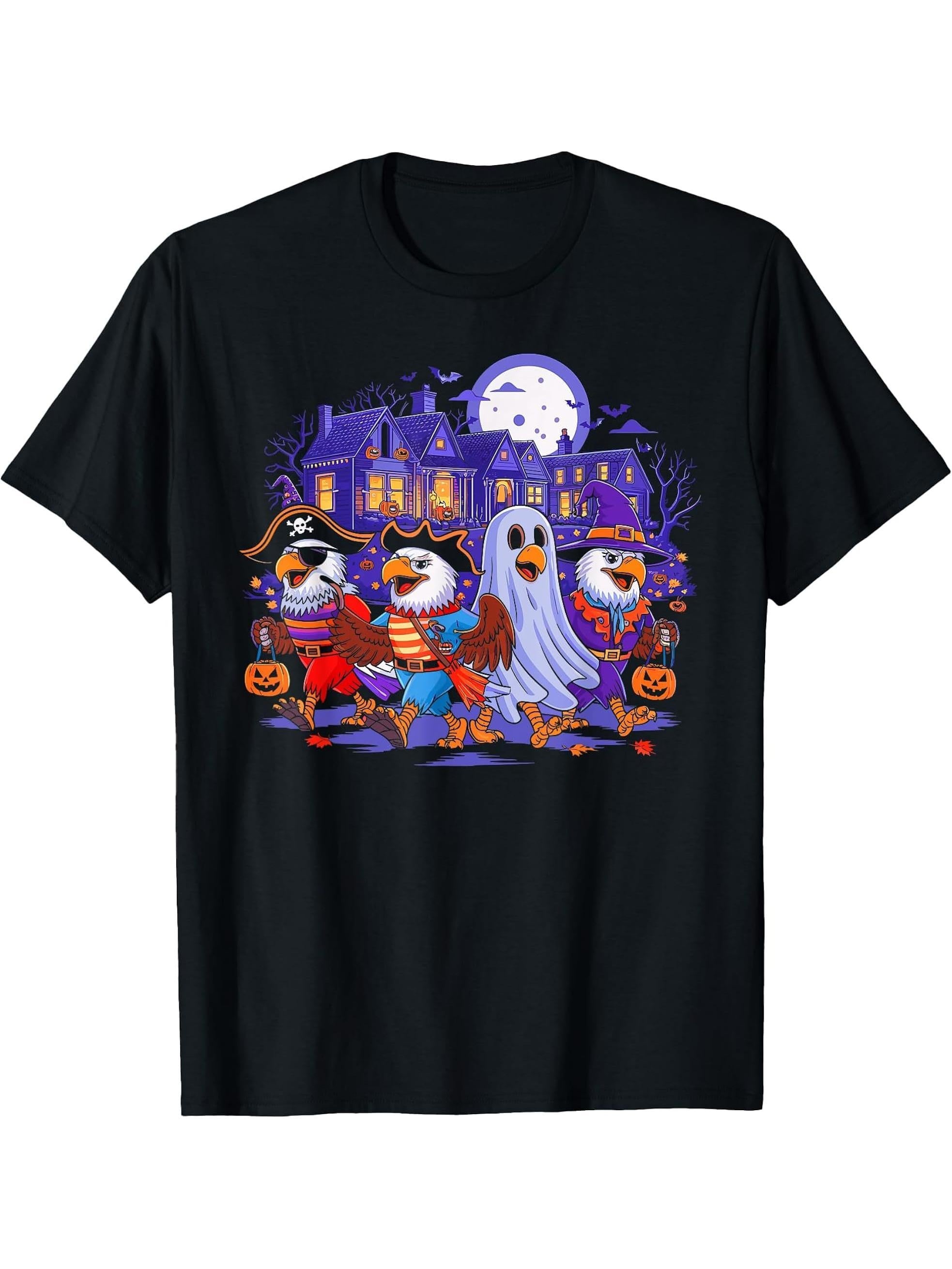 American Bald Eagle Halloween Pirate Ghost Spooky Costume T-Shirt 180G 100% Cotton Printed Round Neck Short-Sleeve T-Shirt, Gifts for Men Dad Husband Grandpa, S-XXXL, Black