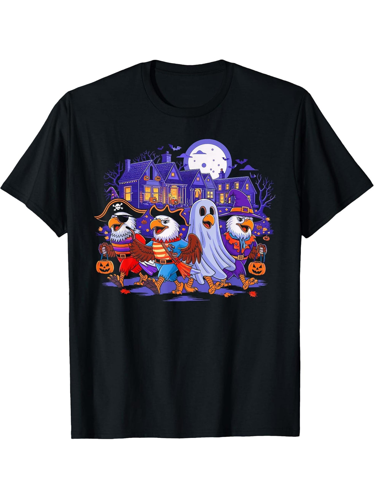 American Bald Eagle Halloween Pirate Ghost Spooky Costume T-Shirt 180G 100% Cotton Printed Round Neck Short-Sleeve T-Shirt, Gifts for Men Dad Husband Grandpa, S-XXXL, Black