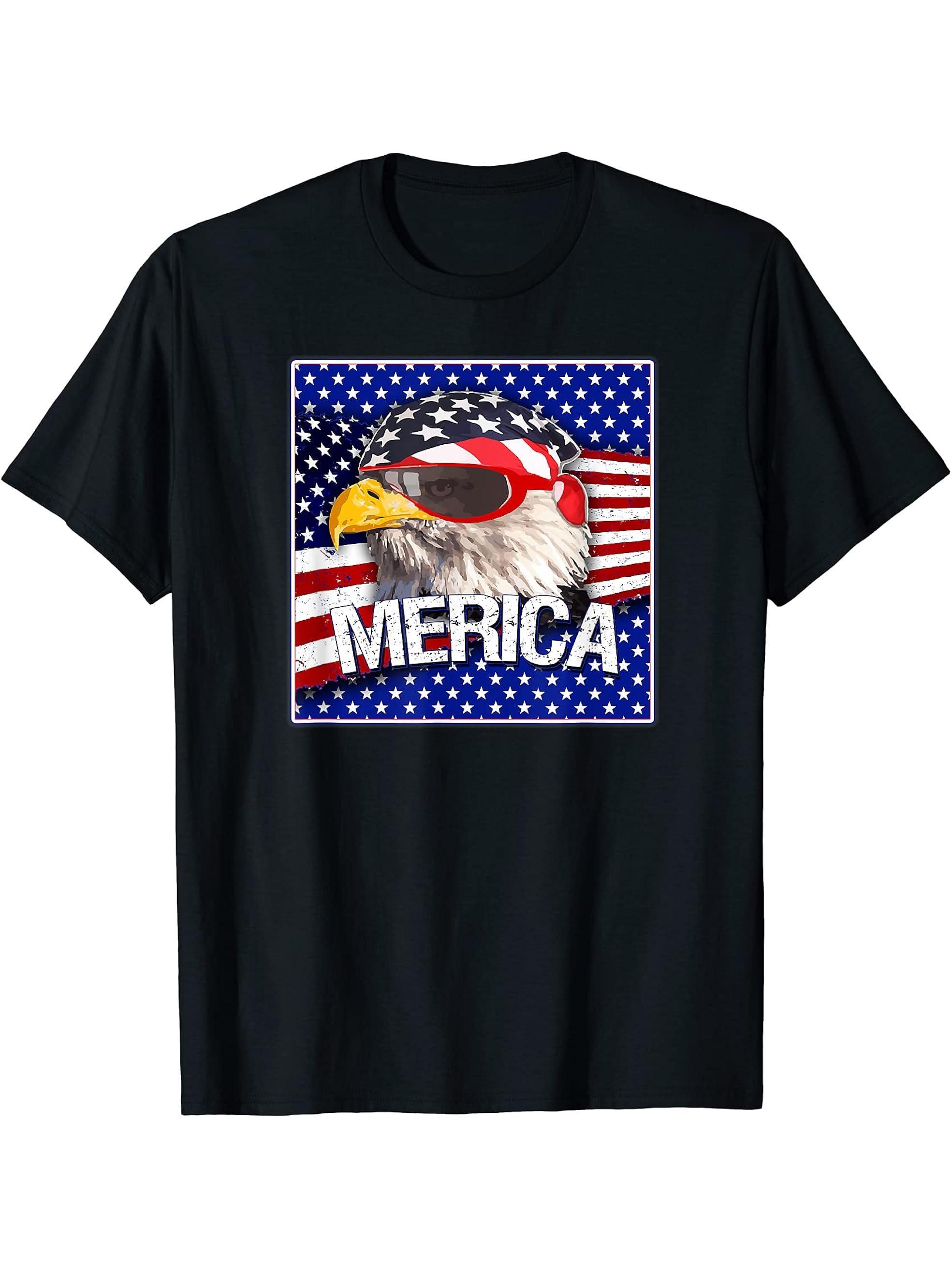 Funny Merica Bald Eagle USA American Flag & Sunglasses Gift T-Shirt 180G 100% Cotton Printed Round Neck Short-Sleeve T-Shirt, Gifts for Men Dad Husband Grandpa, S-XXXL, Black