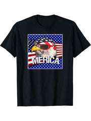 Funny Merica Bald Eagle USA American Flag & Sunglasses Gift T-Shirt 180G 100% Cotton Printed Round Neck Short-Sleeve T-Shirt, Gifts for Men Dad Husband Grandpa, S-XXXL, Black
