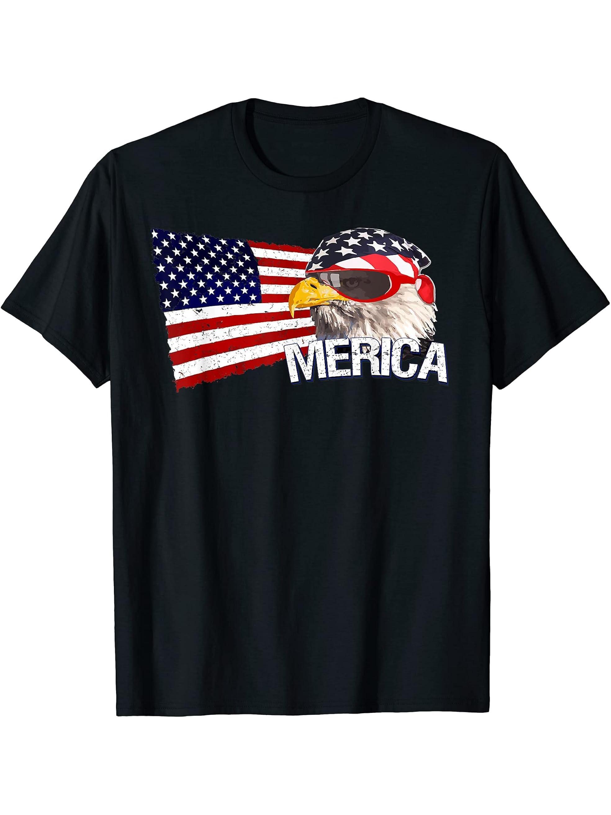 Funny Merica Bald Eagle USA American Flag Patriot Gift Ideas T-Shirt 180G 100% Cotton Printed Round Neck Short-Sleeve T-Shirt, Gifts for Men Dad Husband Grandpa, S-XXXL, Black