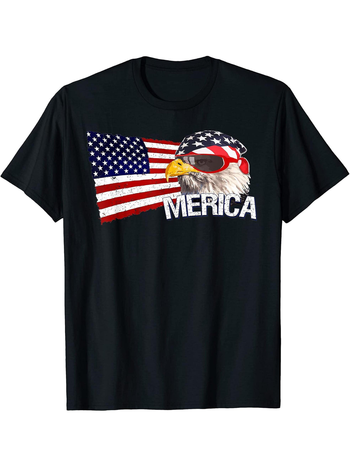 Funny Merica Bald Eagle USA American Flag Patriot Gift Ideas T-Shirt 180G 100% Cotton Printed Round Neck Short-Sleeve T-Shirt, Gifts for Men Dad Husband Grandpa, S-XXXL, Black
