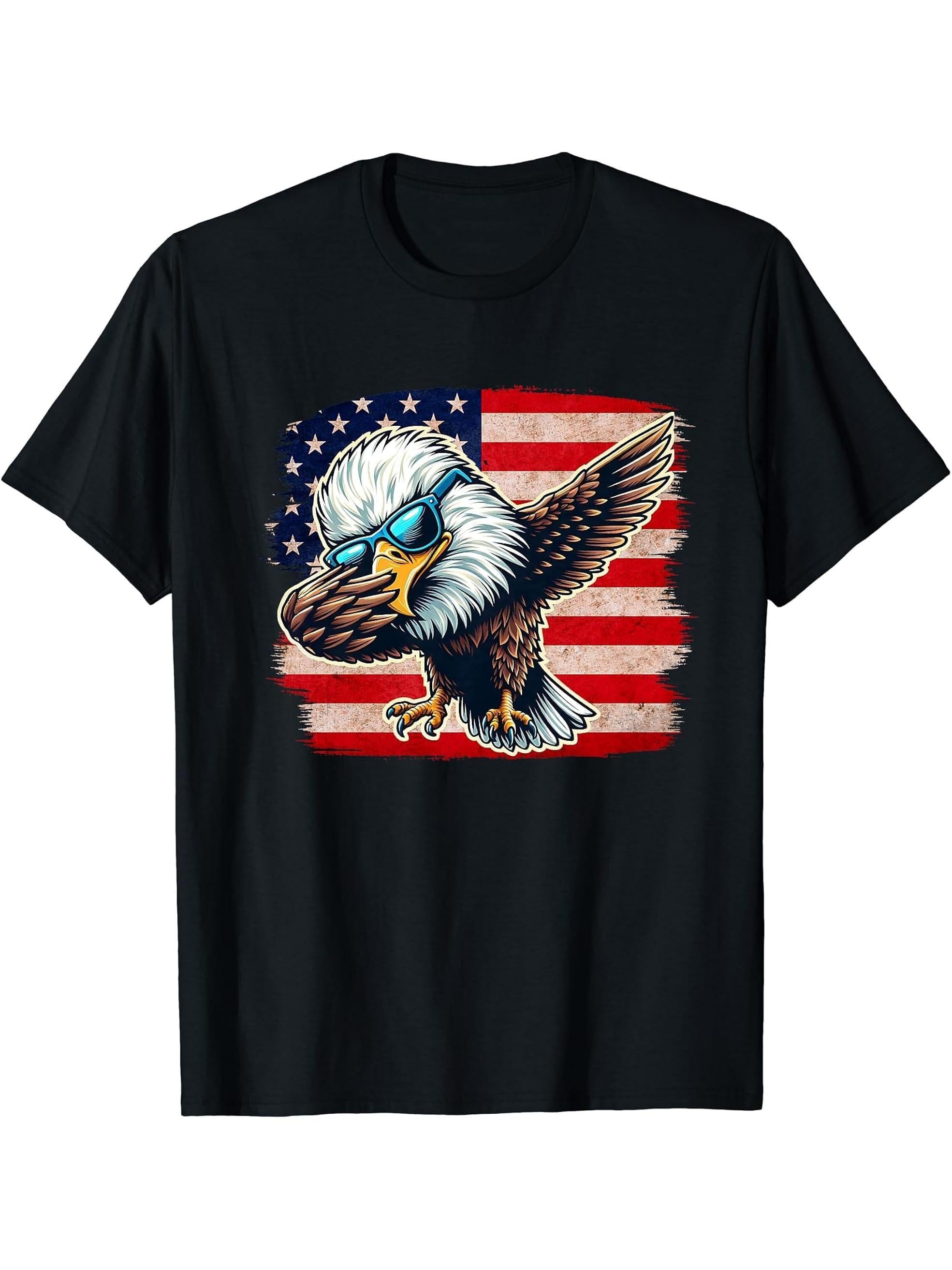 Dabbing Bald Eagle USA 4th Of July Patriotic American Flag T-Shirt 180G 100% Cotton Printed Round Neck Short-Sleeve T-Shirt, Gifts for Men Dad Husband Grandpa, S-XXXL, Black