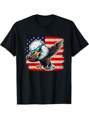 Dabbing Bald Eagle USA 4th Of July Patriotic American Flag T-Shirt 180G 100% Cotton Printed Round Neck Short-Sleeve T-Shirt, Gifts for Men Dad Husband Grandpa, S-XXXL, Black