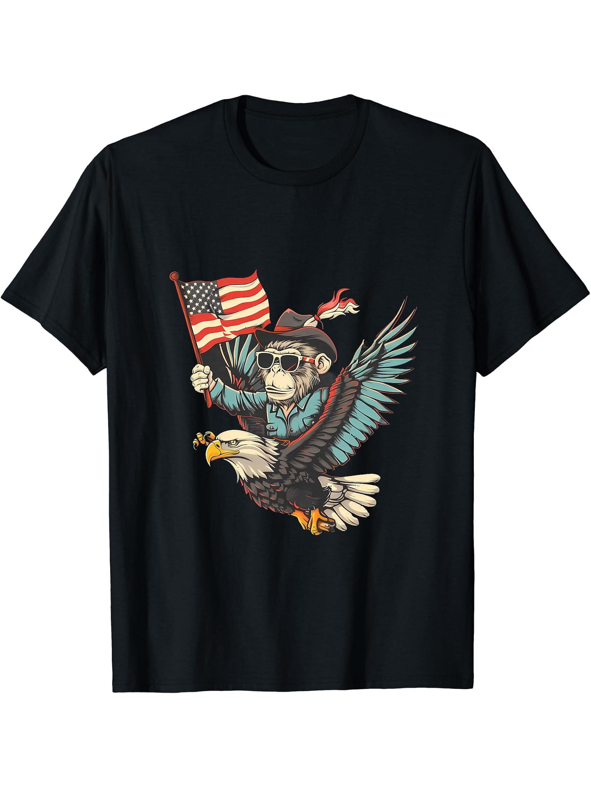 Fourth Of July American Flag Bald Eagle Monkey 4th Of July T-Shirt 180G 100% Cotton Printed Round Neck Short-Sleeve T-Shirt, Gifts for Men Dad Husband Grandpa, S-XXXL, Black