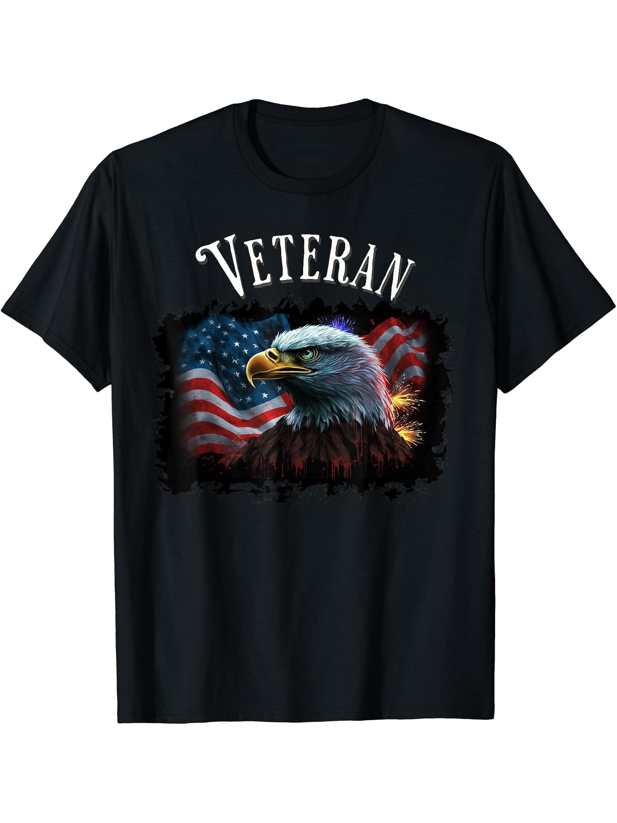 Bald Eagle American Flag Veteran T-Shirt 180G 100% Cotton Printed Round Neck Short-Sleeve T-Shirt, Gifts for Men Dad Husband Grandpa, S-XXXL, Black