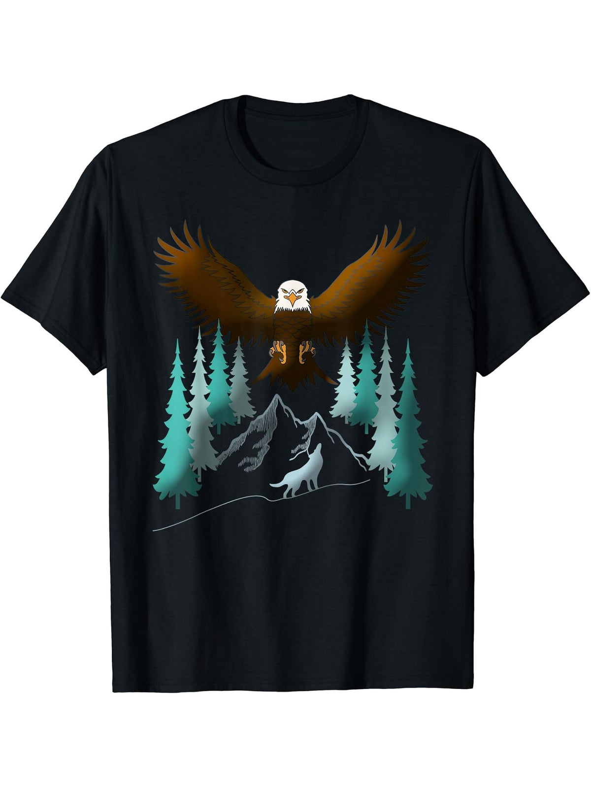 Flying Bald Eagle, Wolf Mountain Forest Wildlife Animal T-Shirt 180G 100% Cotton Printed Round Neck Short-Sleeve T-Shirt, Gifts for Men Dad Husband Grandpa, S-XXXL, Black