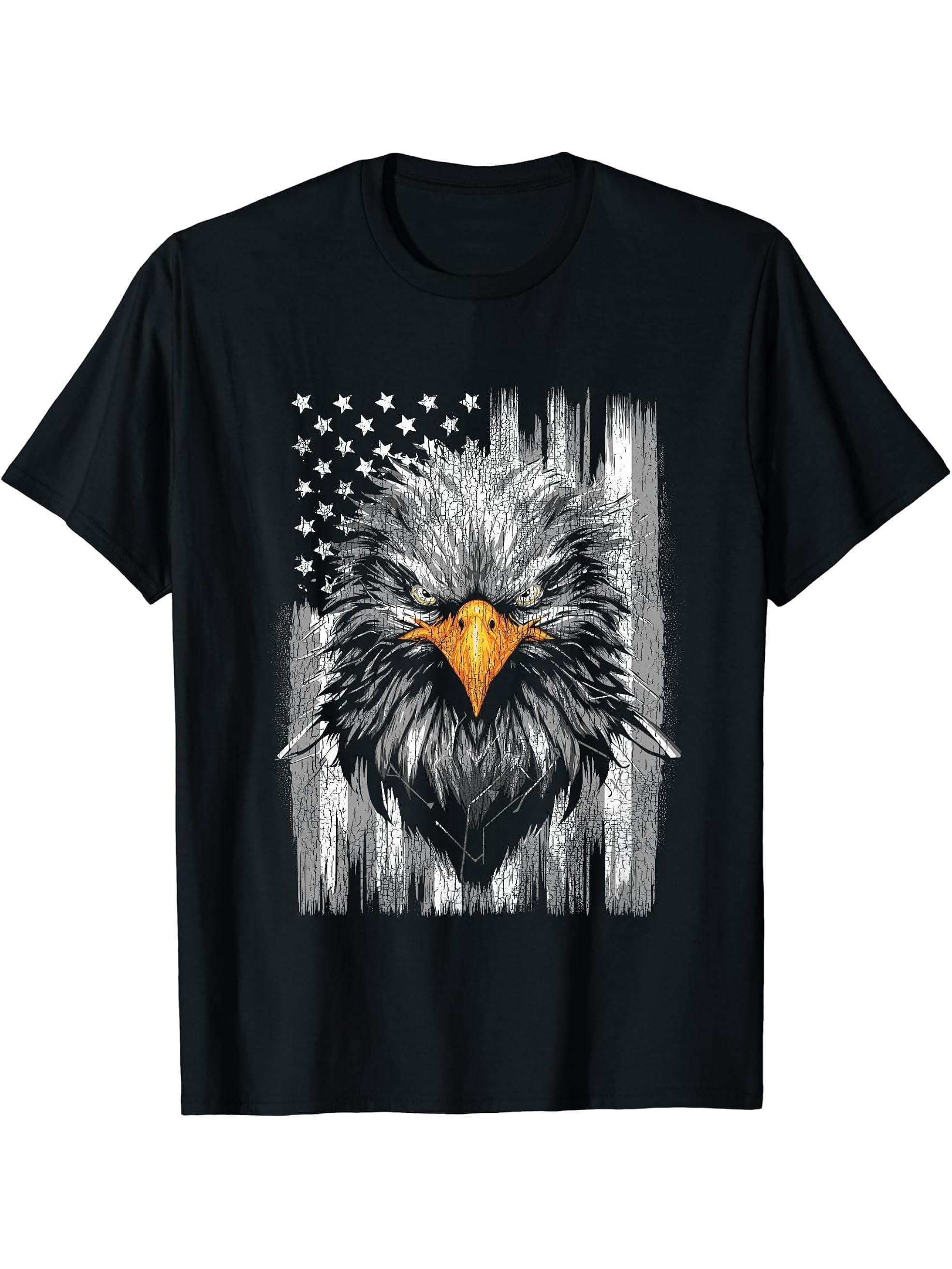 Distressed 4th of July American Flag Patriotic Bald Eagle T-Shirt 180G 100% Cotton Printed Round Neck Short-Sleeve T-Shirt, Gifts for Men Dad Husband Grandpa, S-XXXL, Black