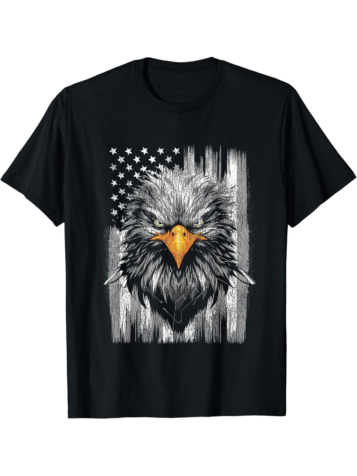 Distressed 4th of July American Flag Patriotic Bald Eagle T-Shirt 180G 100% Cotton Printed Round Neck Short-Sleeve T-Shirt, Gifts for Men Dad Husband Grandpa, S-XXXL, Black