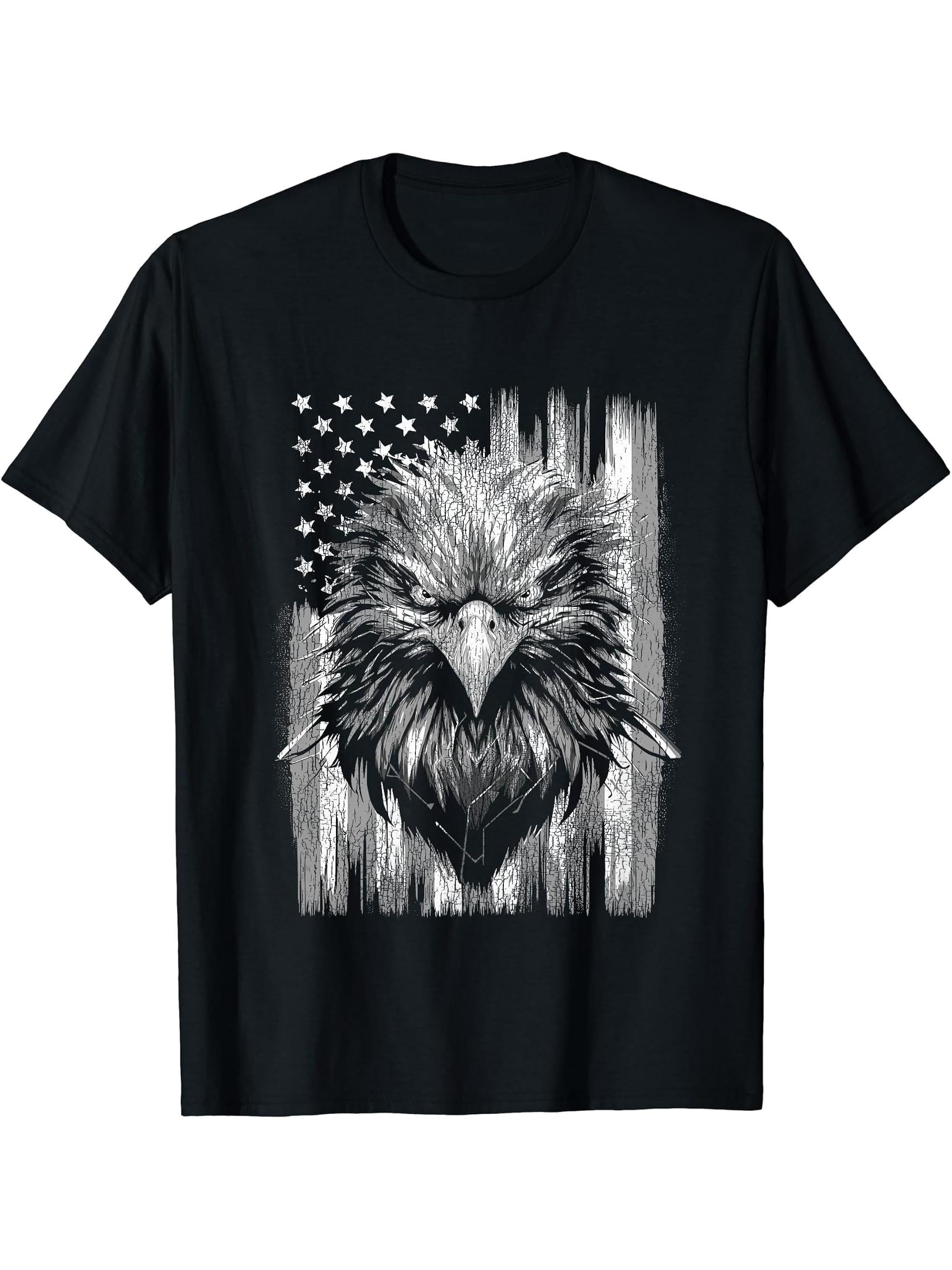Distressed 4th of July American Flag Patriotic Bald Eagle T-Shirt 180G 100% Cotton Printed Round Neck Short-Sleeve T-Shirt, Gifts for Men Dad Husband Grandpa, S-XXXL, Black