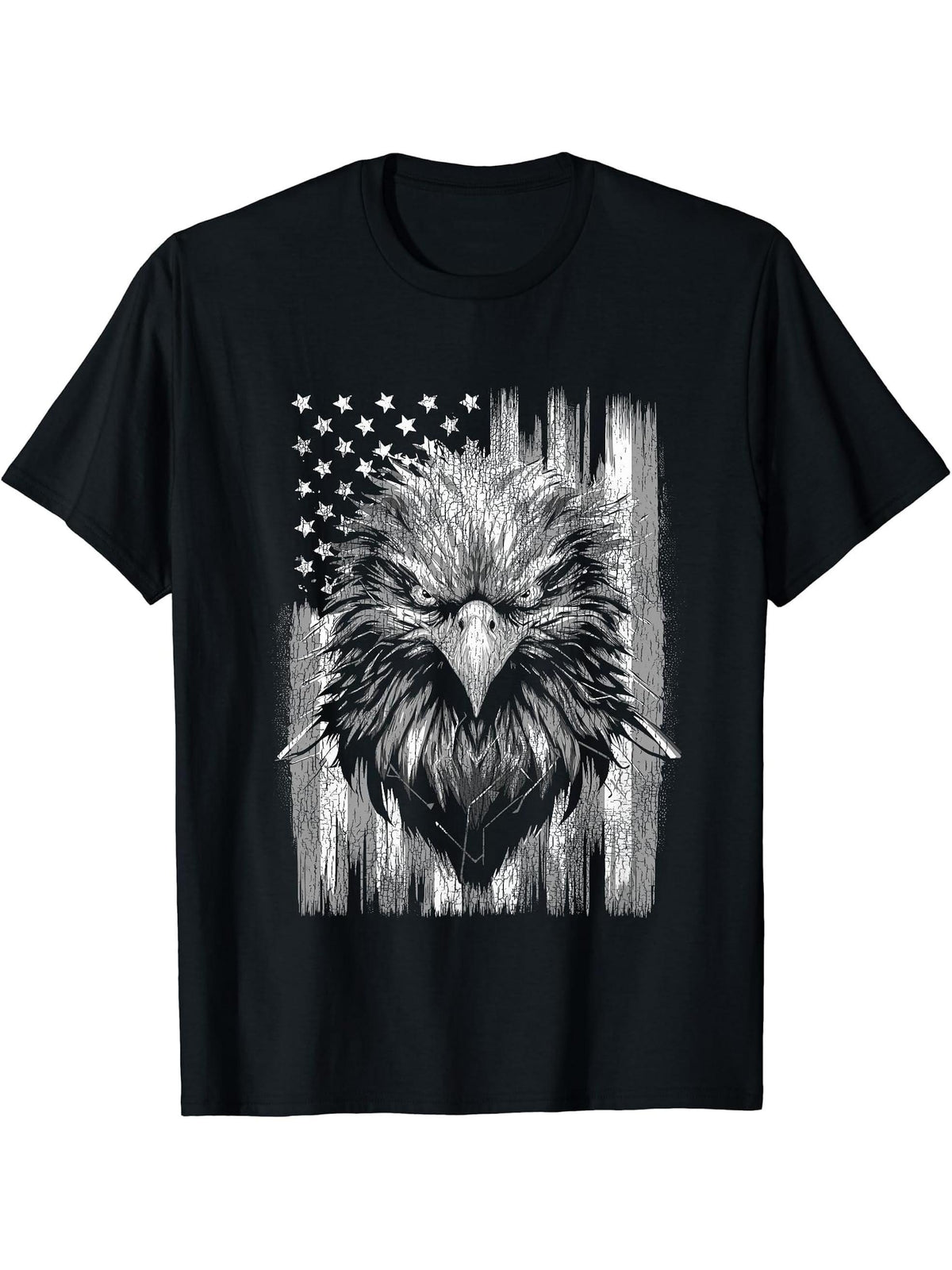 Distressed 4th of July American Flag Patriotic Bald Eagle T-Shirt 180G 100% Cotton Printed Round Neck Short-Sleeve T-Shirt, Gifts for Men Dad Husband Grandpa, S-XXXL, Black