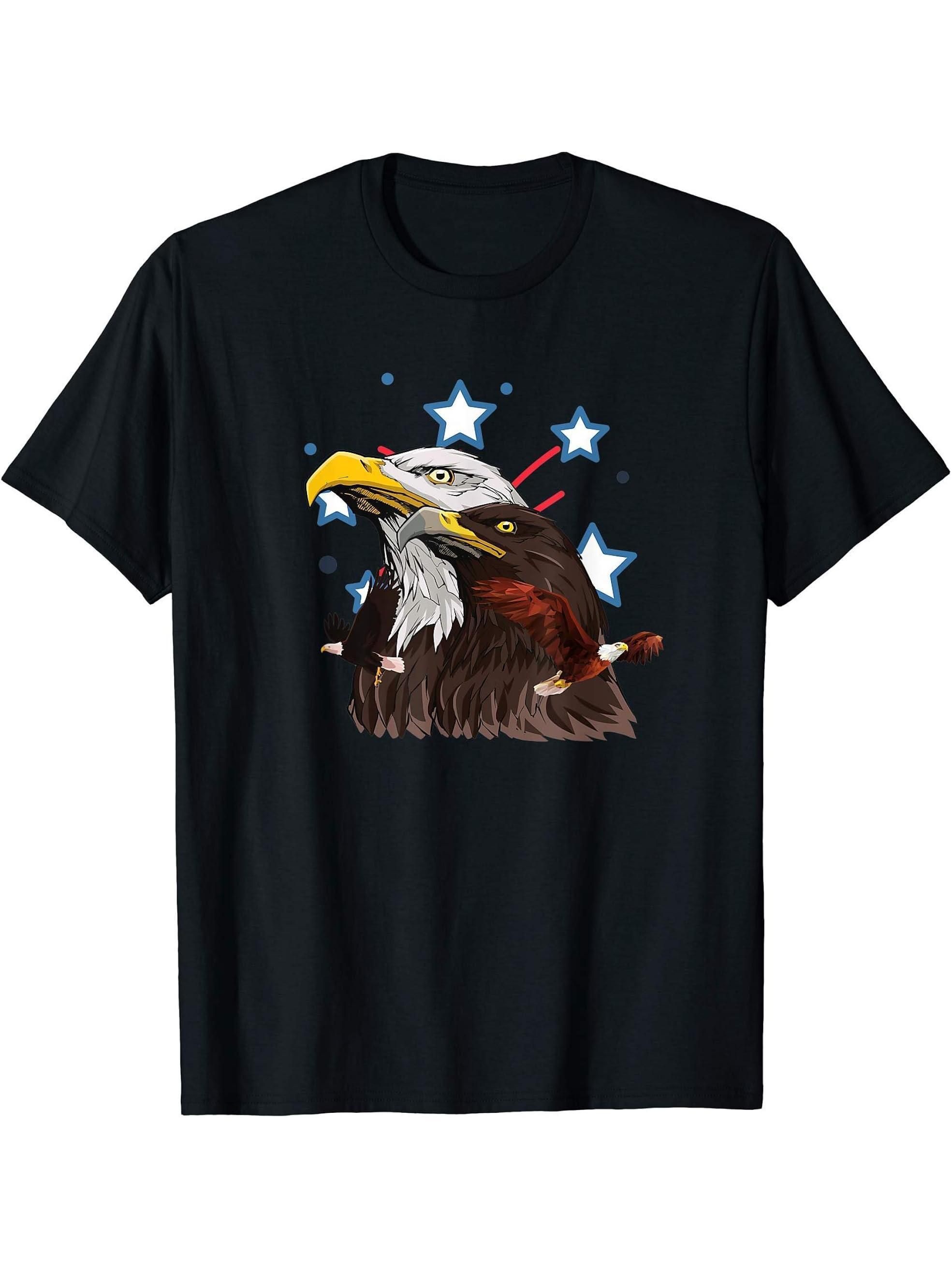 American Bald Eagle Freedom July 4th Independence Gift T-Shirt 180G 100% Cotton Printed Round Neck Short-Sleeve T-Shirt, Gifts for Men Dad Husband Grandpa, S-XXXL, Black