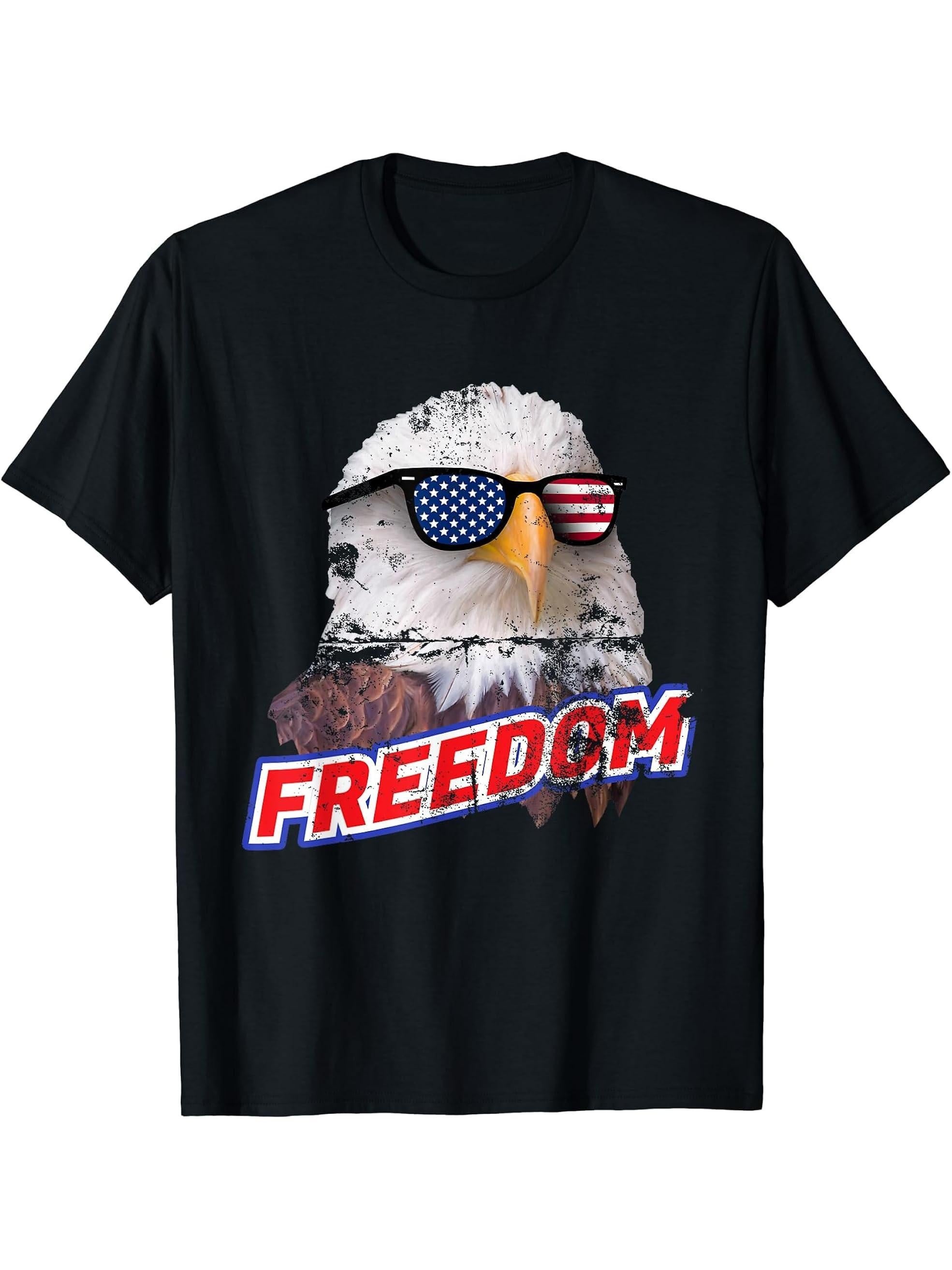 Distressed Independence Day T-shirt Bald Eagle Sunglasses 180G 100% Cotton Printed Round Neck Short-Sleeve T-Shirt, Gifts for Men Dad Husband Grandpa, S-XXXL, Black