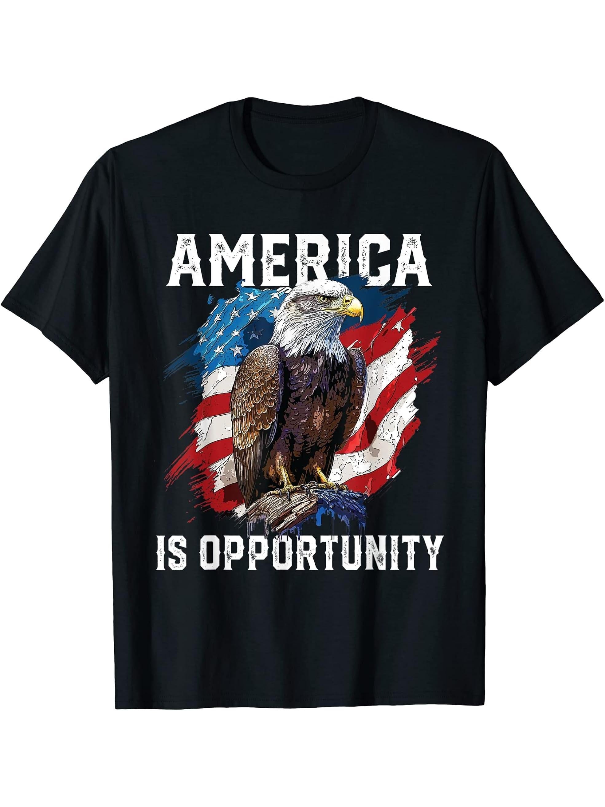 America Is Opportunity American Bald Eagle July 4 Patriotic T-Shirt 180G 100% Cotton Printed Round Neck Short-Sleeve T-Shirt, Gifts for Men Dad Husband Grandpa, S-XXXL, Black