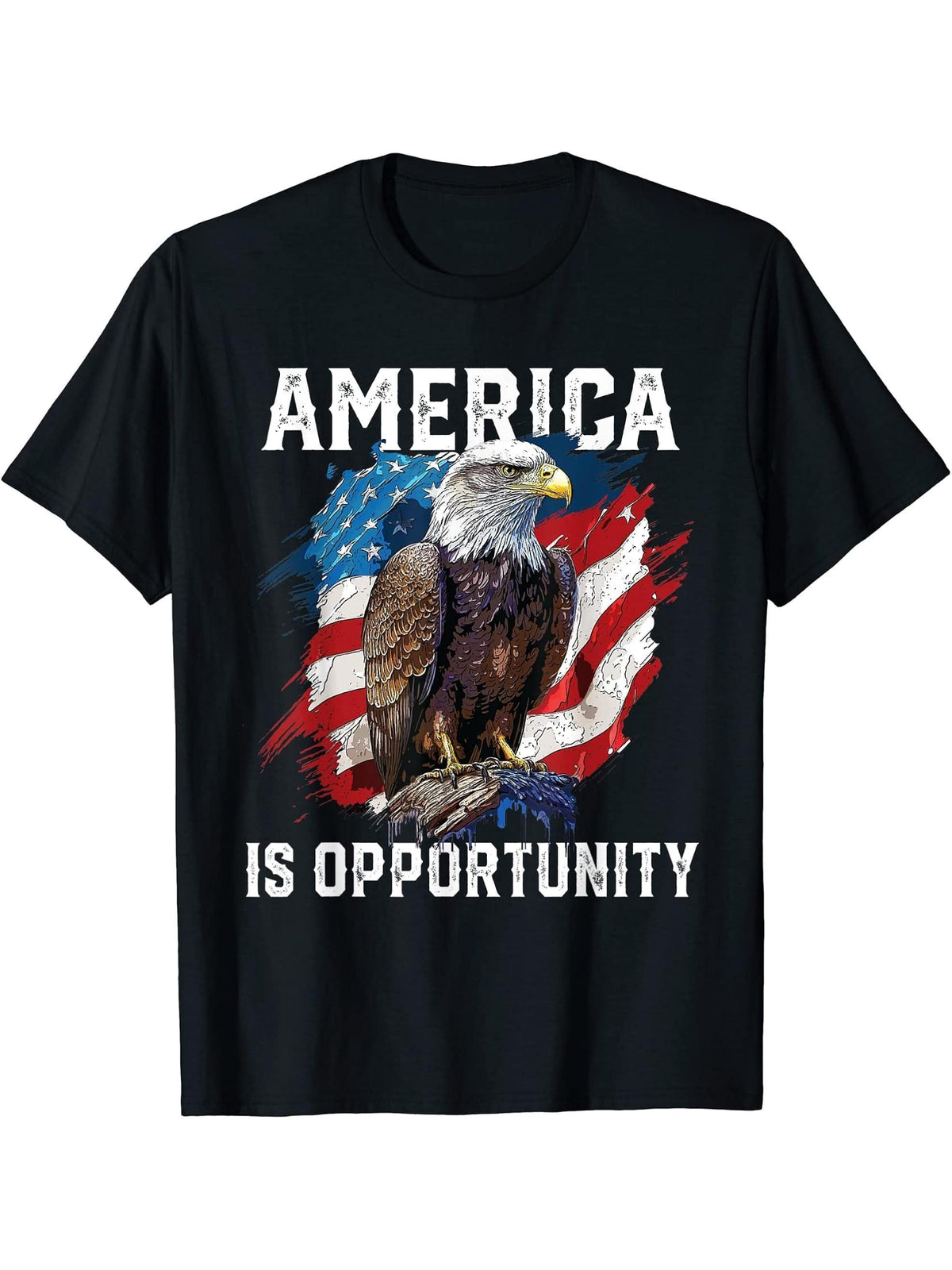 America Is Opportunity American Bald Eagle July 4 Patriotic T-Shirt 180G 100% Cotton Printed Round Neck Short-Sleeve T-Shirt, Gifts for Men Dad Husband Grandpa, S-XXXL, Black