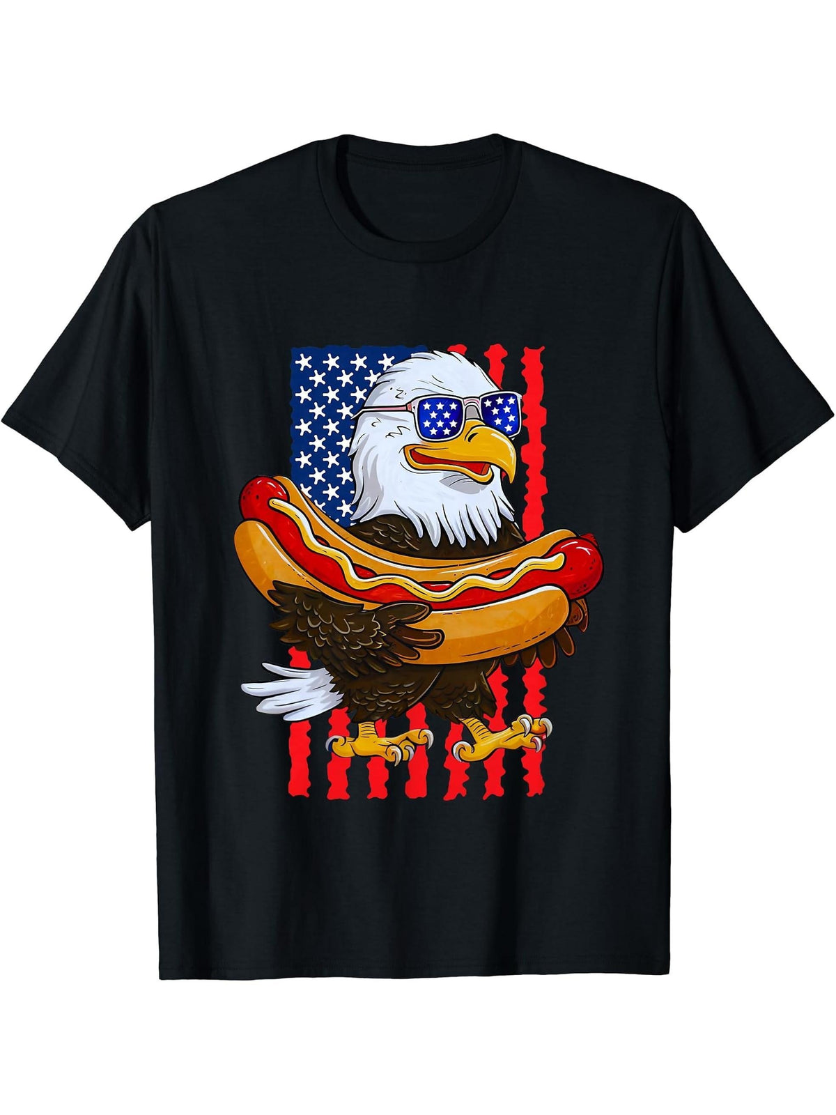Funny 4th Of July Bald Eagle Hotdog Patriotic American Flag T-Shirt 180G 100% Cotton Printed Round Neck Short-Sleeve T-Shirt, Gifts for Men Dad Husband Grandpa, S-XXXL, Black
